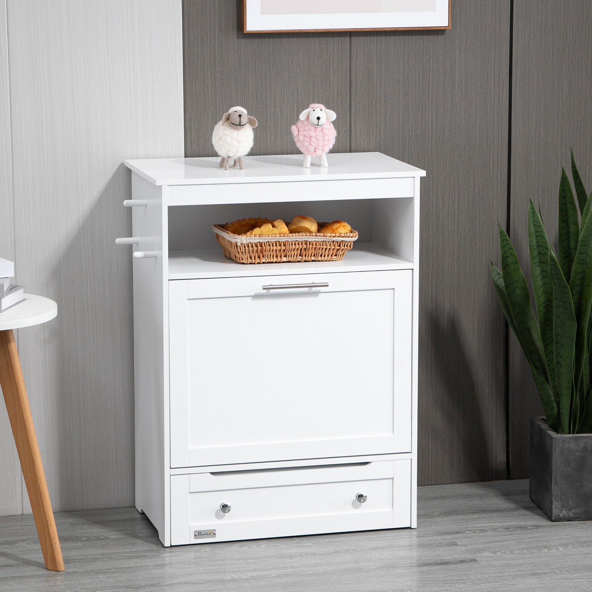 Pet Feeder Station, Dog Food Storage Container w/ Raised Dog Bowls, Hanger, for Food and Water - White