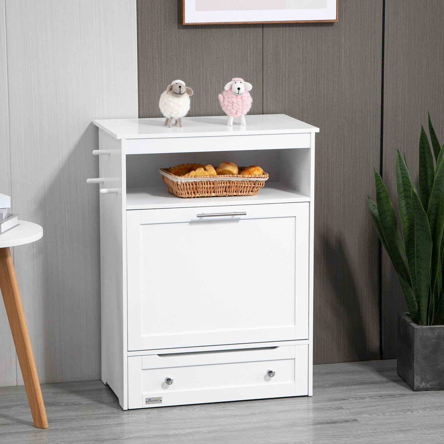 Pet Feeder Station, Dog Food Storage Container w/ Raised Dog Bowls, Hanger, for Food and Water - White