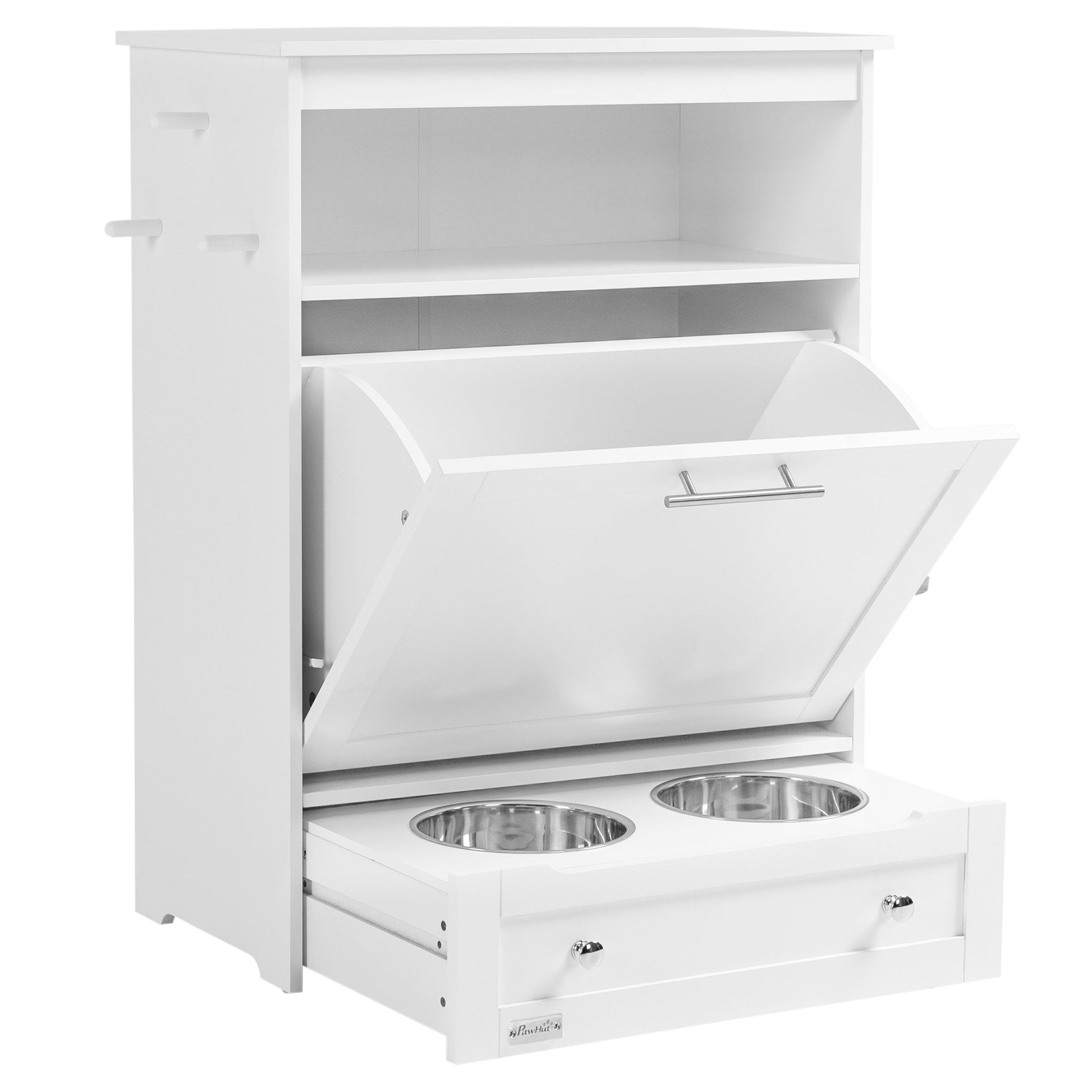 Pet Feeder Station, Dog Food Storage Container w/ Raised Dog Bowls, Hanger, for Food and Water - White
