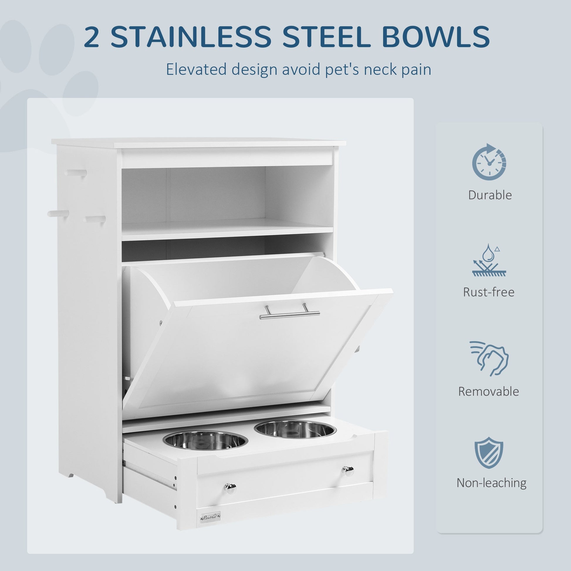 Pet Feeder Station, Dog Food Storage Container w/ Raised Dog Bowls, Hanger, for Food and Water - White