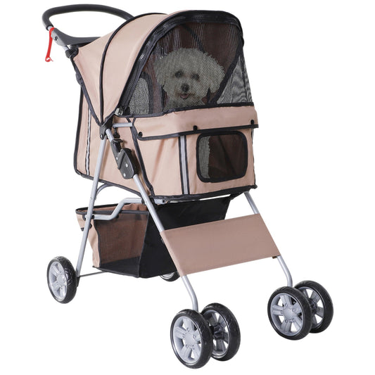 Pet Stroller for Small Miniature Dogs Cats Foldable Travel Carriage with Wheels Zipper Entry Cup Holder Storage Basket Brown