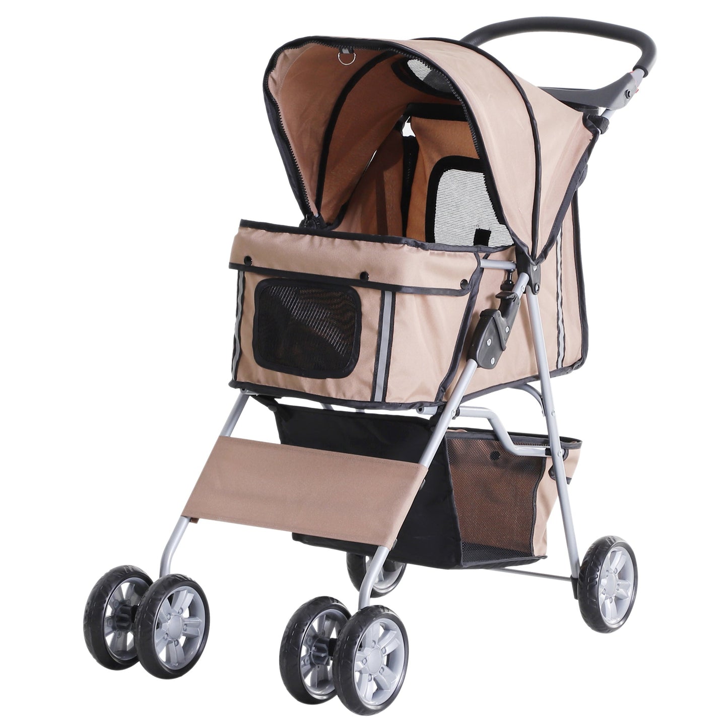 Pet Stroller for Small Miniature Dogs Cats Foldable Travel Carriage with Wheels Zipper Entry Cup Holder Storage Basket Brown