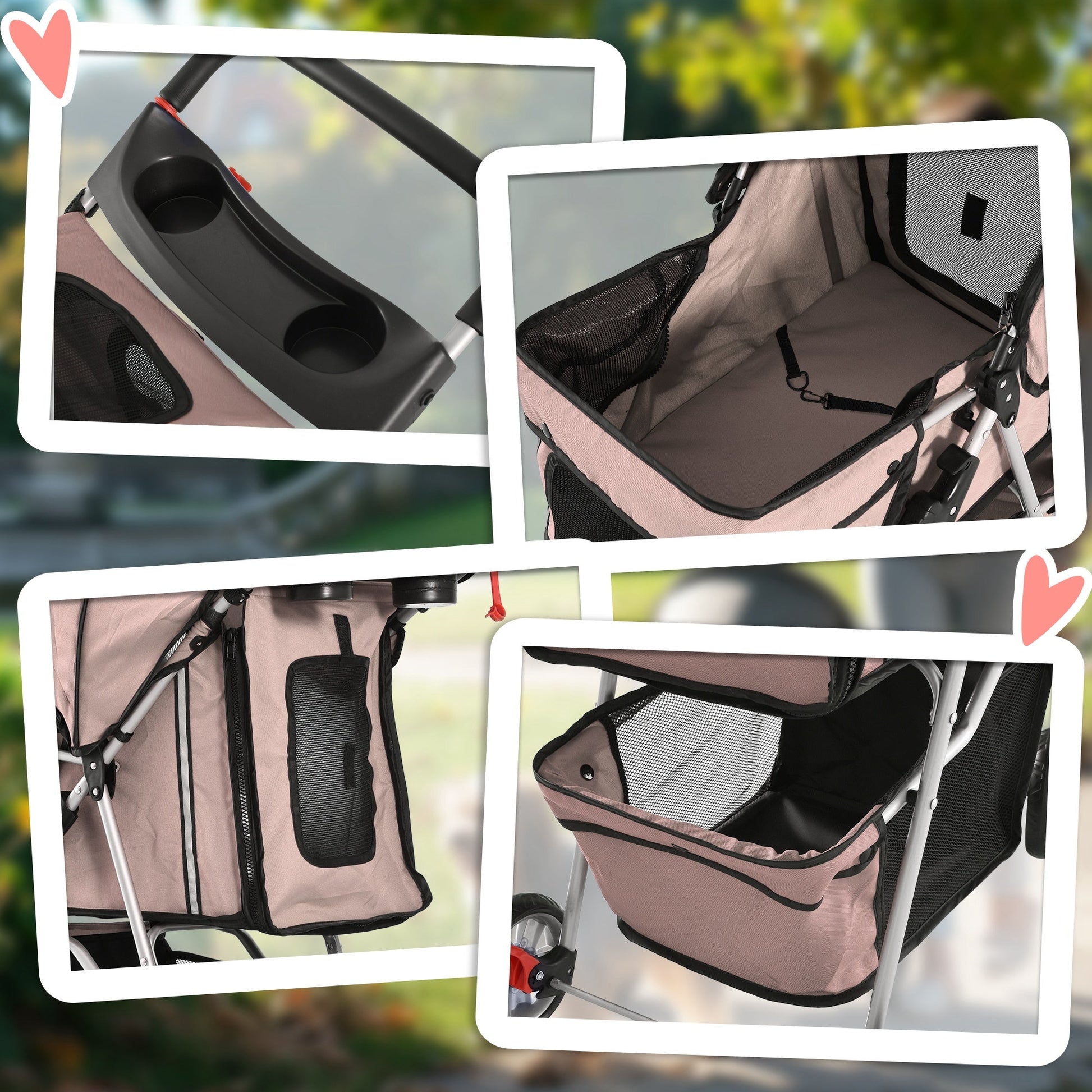 Pet Stroller for Small Miniature Dogs Cats Foldable Travel Carriage with Wheels Zipper Entry Cup Holder Storage Basket Brown