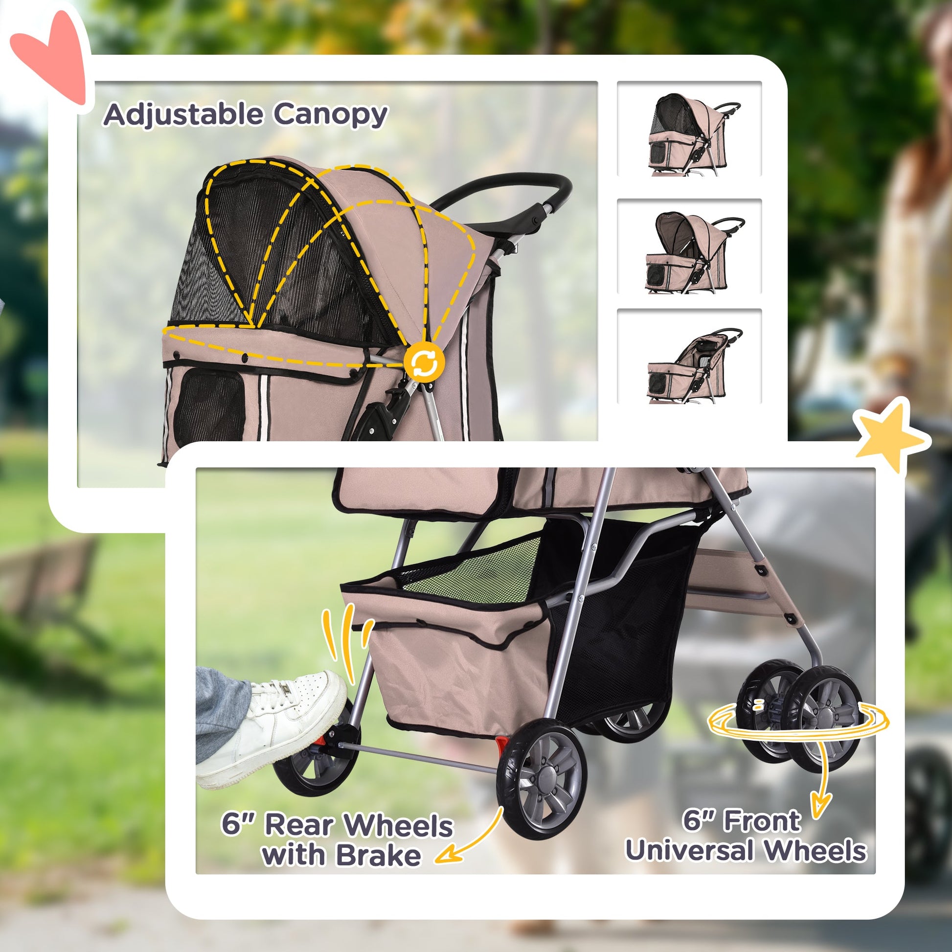 Pet Stroller for Small Miniature Dogs Cats Foldable Travel Carriage with Wheels Zipper Entry Cup Holder Storage Basket Brown