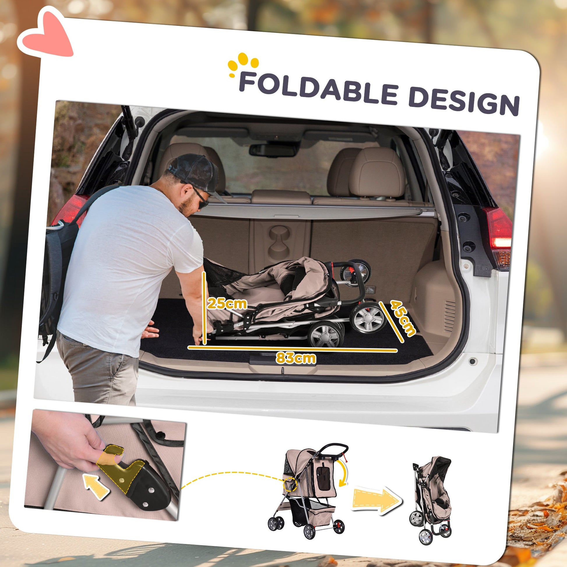 Pet Stroller for Small Miniature Dogs Cats Foldable Travel Carriage with Wheels Zipper Entry Cup Holder Storage Basket Brown