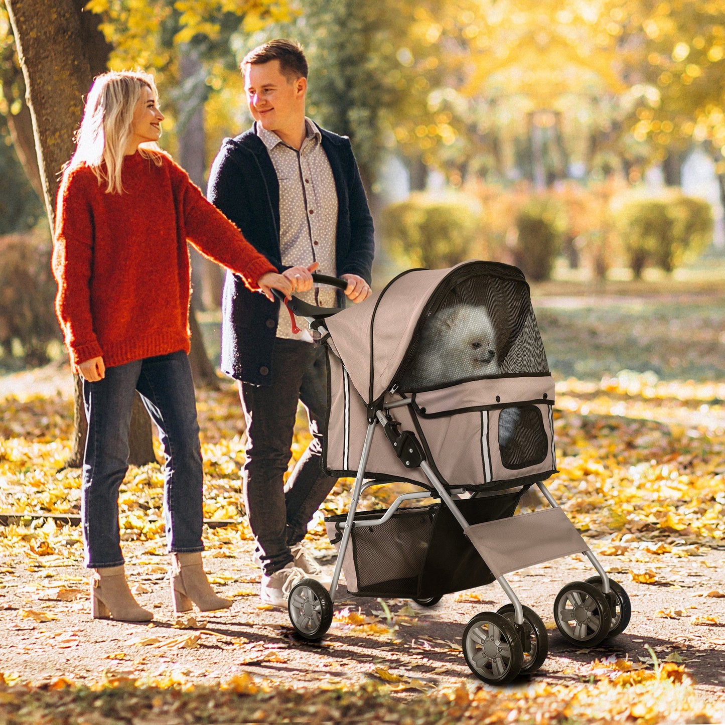 Pet Stroller for Small Miniature Dogs Cats Foldable Travel Carriage with Wheels Zipper Entry Cup Holder Storage Basket Brown