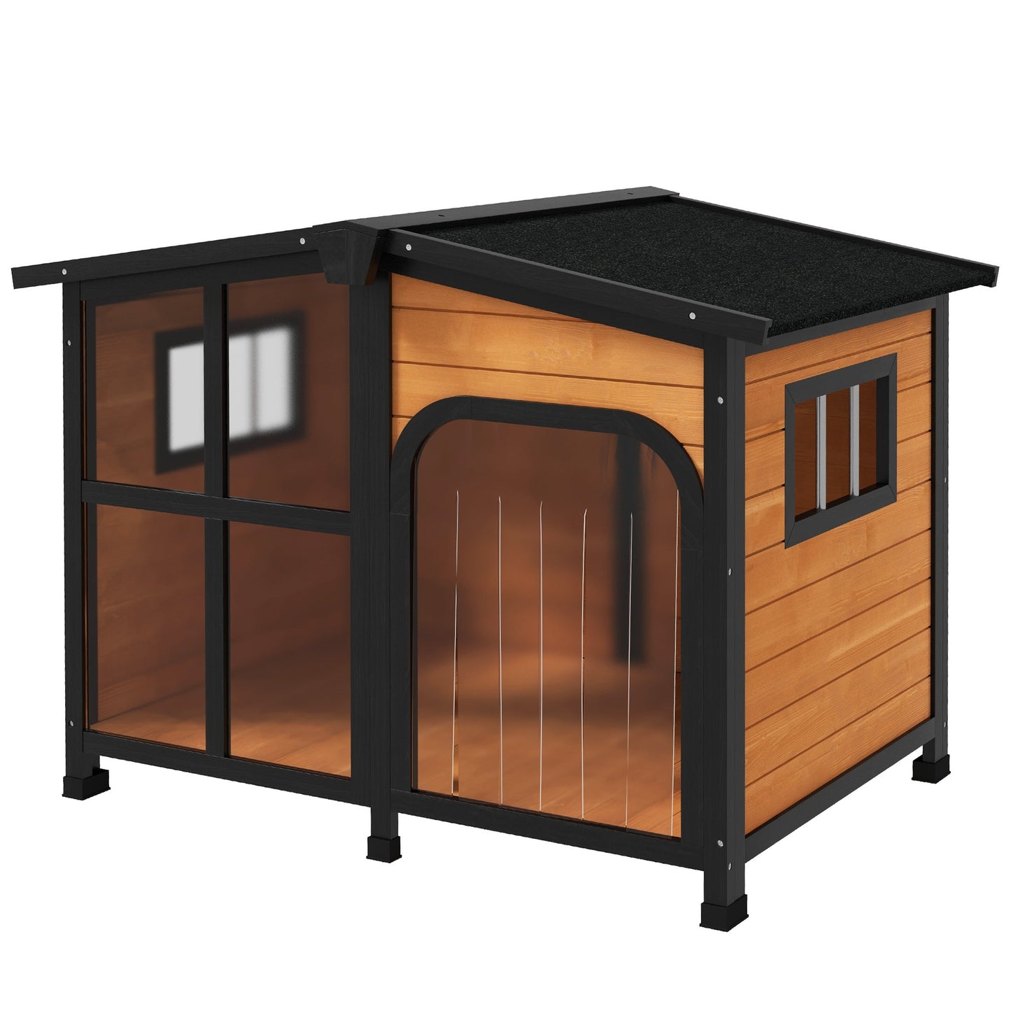 Wooden Dog Kennel, Elevated Dog house with Removable Floor, Asphalt  and Openable Roof, Large Window, Outdoor Pet House Shelter for Large Dogs, Yellow