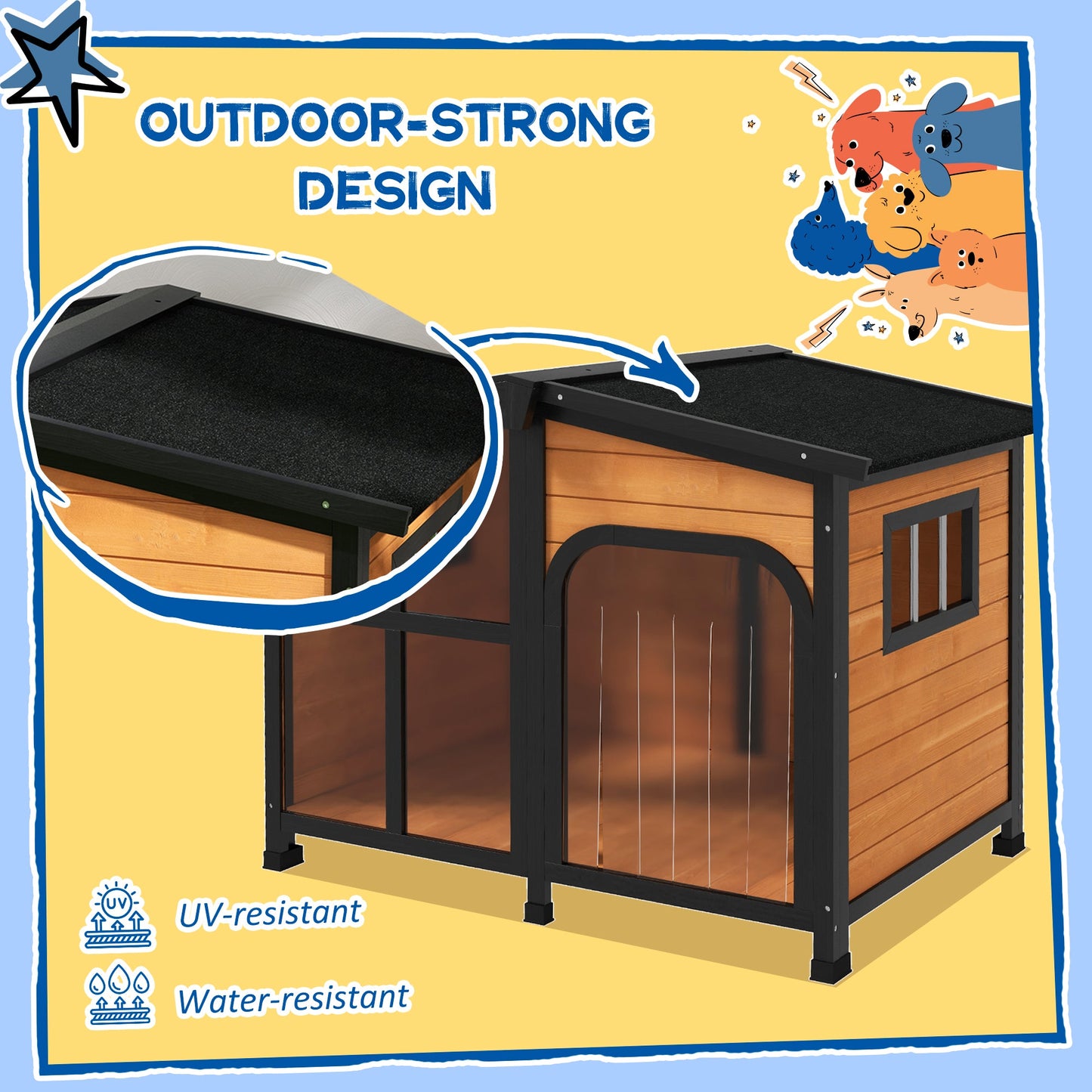 Wooden Dog Kennel, Elevated Dog house with Removable Floor, Asphalt  and Openable Roof, Large Window, Outdoor Pet House Shelter for Large Dogs, Yellow