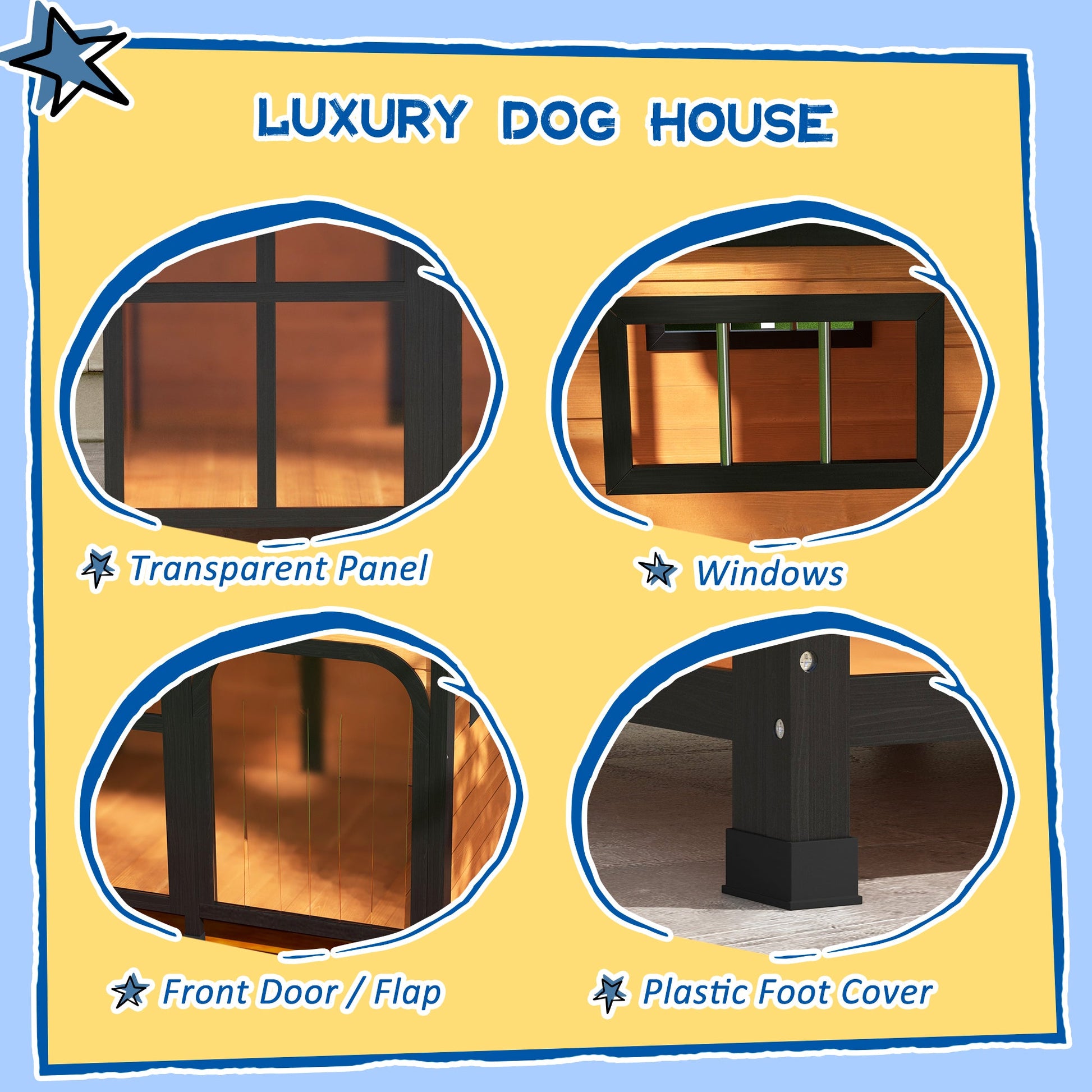 Wooden Dog Kennel, Elevated Dog house with Removable Floor, Asphalt  and Openable Roof, Large Window, Outdoor Pet House Shelter for Large Dogs, Yellow