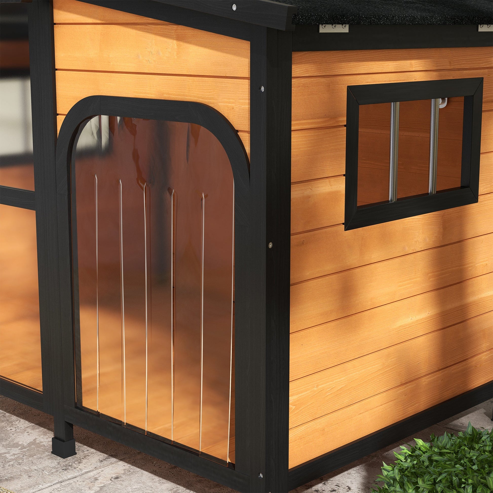 Wooden Dog Kennel, Elevated Dog house with Removable Floor, Asphalt  and Openable Roof, Large Window, Outdoor Pet House Shelter for Large Dogs, Yellow