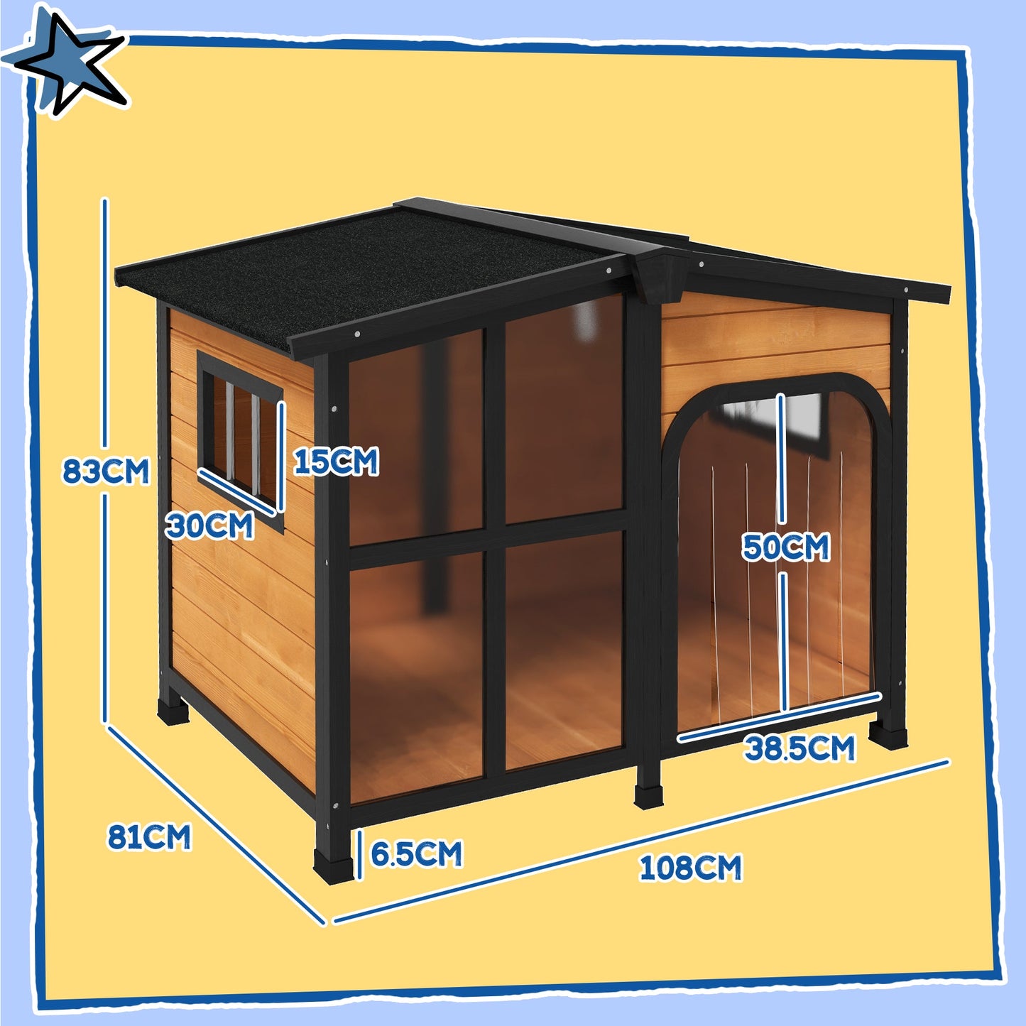 Wooden Dog Kennel, Elevated Dog house with Removable Floor, Asphalt  and Openable Roof, Large Window, Outdoor Pet House Shelter for Large Dogs, Yellow