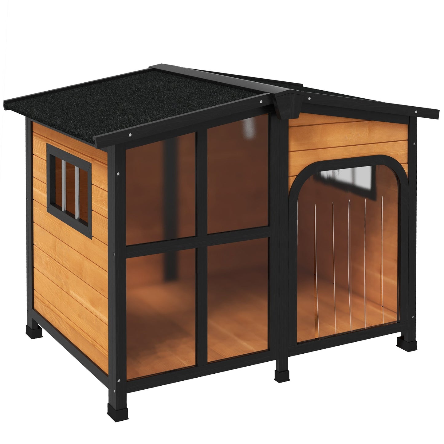Wooden Dog Kennel, Elevated Dog house with Removable Floor, Asphalt  and Openable Roof, Large Window, Outdoor Pet House Shelter for Large Dogs, Yellow