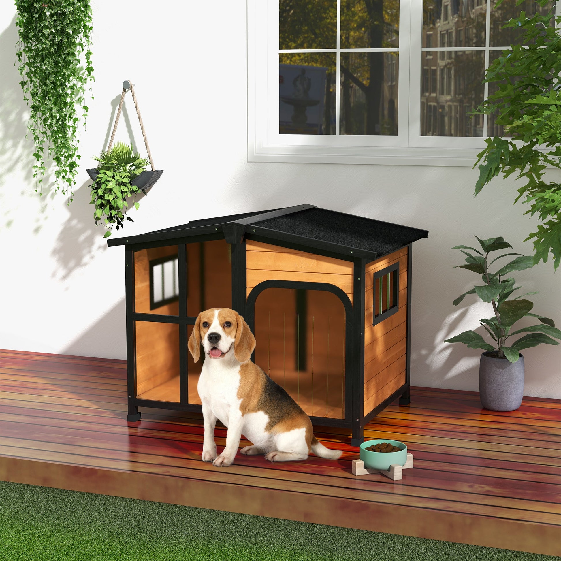 Wooden Dog Kennel, Elevated Dog house with Removable Floor, Asphalt  and Openable Roof, Large Window, Outdoor Pet House Shelter for Large Dogs, Yellow