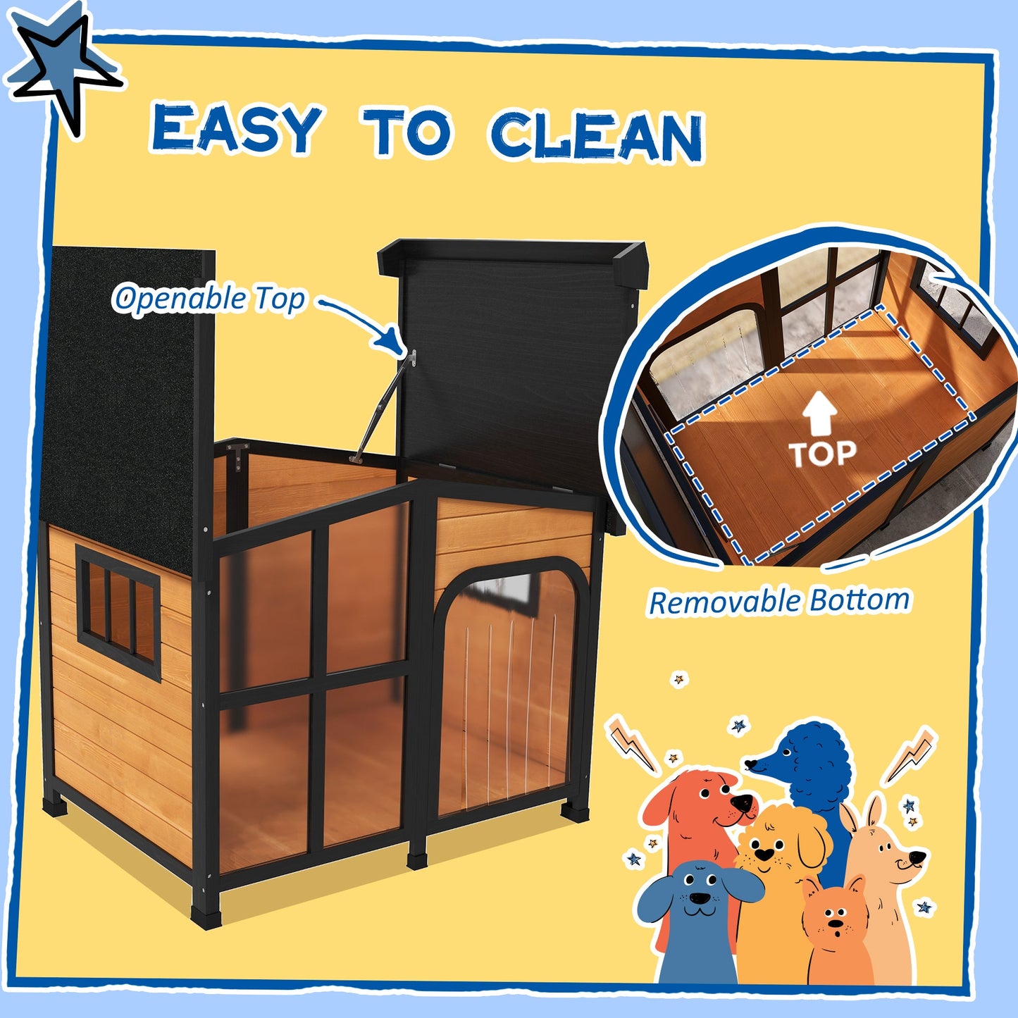 Wooden Dog Kennel, Elevated Dog house with Removable Floor, Asphalt  and Openable Roof, Large Window, Outdoor Pet House Shelter for Large Dogs, Yellow