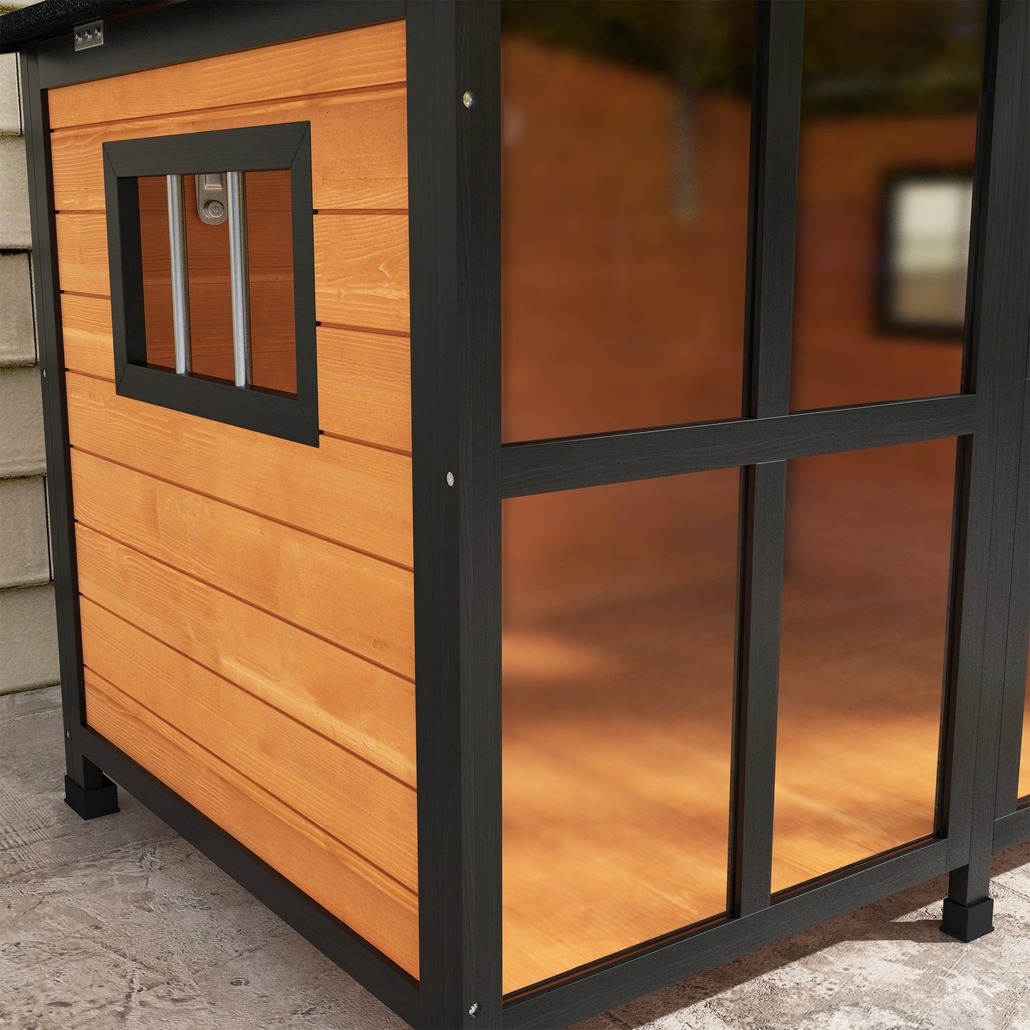 Wooden Dog Kennel, Elevated Dog house with Removable Floor, Asphalt  and Openable Roof, Large Window, Outdoor Pet House Shelter for Large Dogs, Yellow