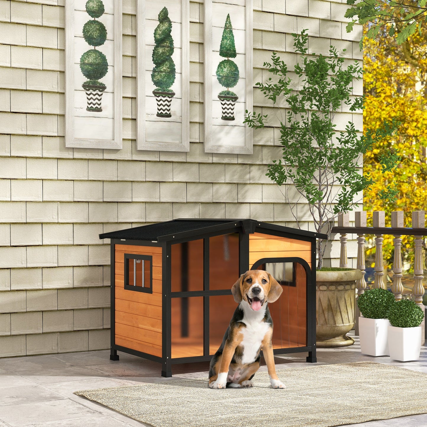 Wooden Dog Kennel, Elevated Dog house with Removable Floor, Asphalt  and Openable Roof, Large Window, Outdoor Pet House Shelter for Large Dogs, Yellow