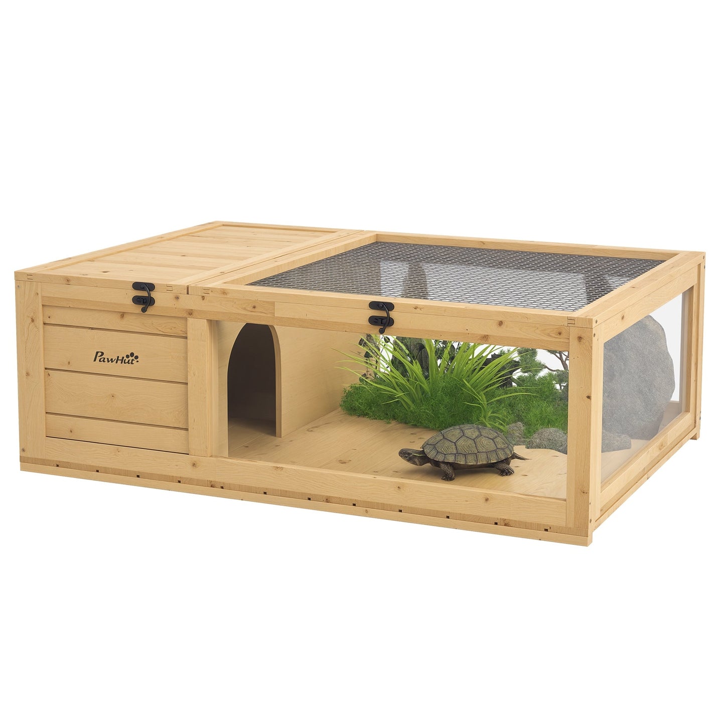 Tortoise House with Mesh Roof, Small Reptile Wooden House, Tortoise Enclosure with Removable Side Panel, for Indoor - Light Yellow