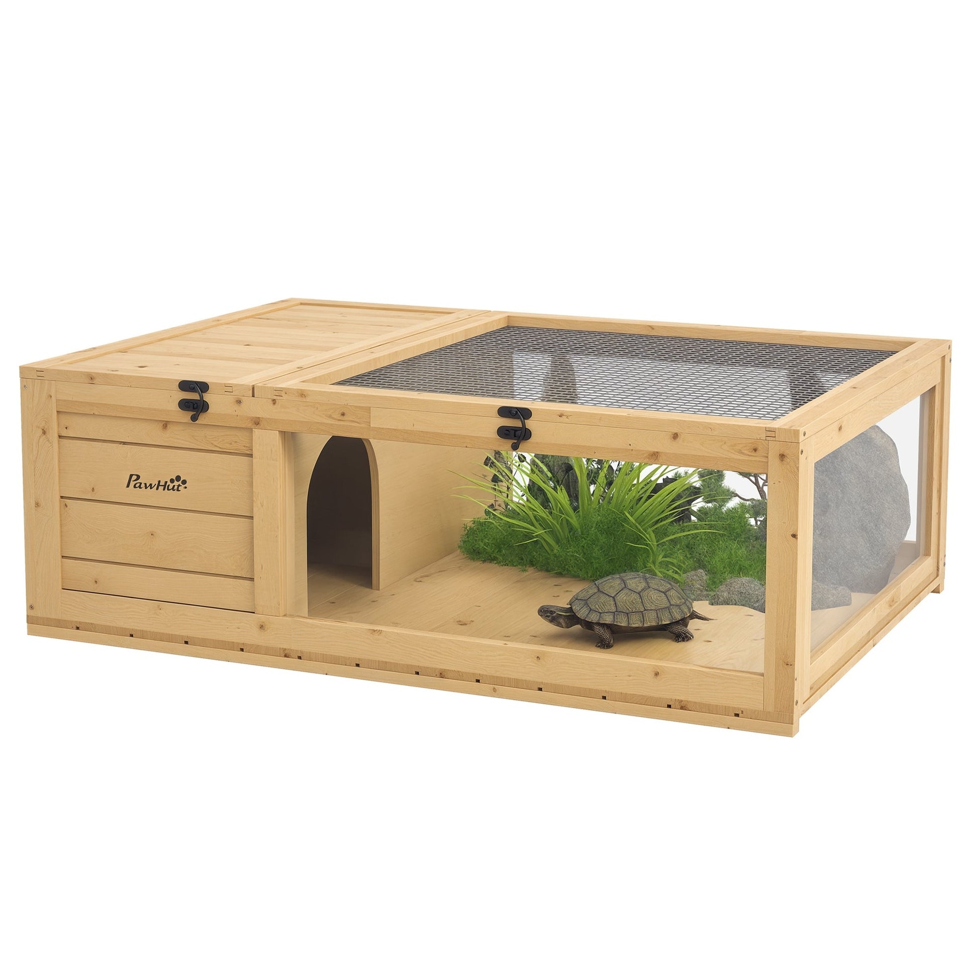 Tortoise House with Mesh Roof, Small Reptile Wooden House, Tortoise Enclosure with Removable Side Panel, for Indoor - Light Yellow