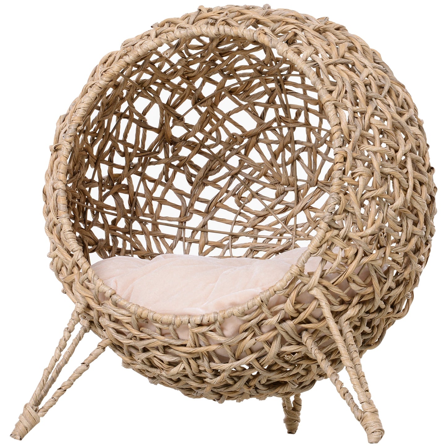 Wicker Cat House, Rattan Elevated Cat Bed with Three Tripod Legs, Ball-Shaped Cat Basket with Cushion - Natural Wood Finish