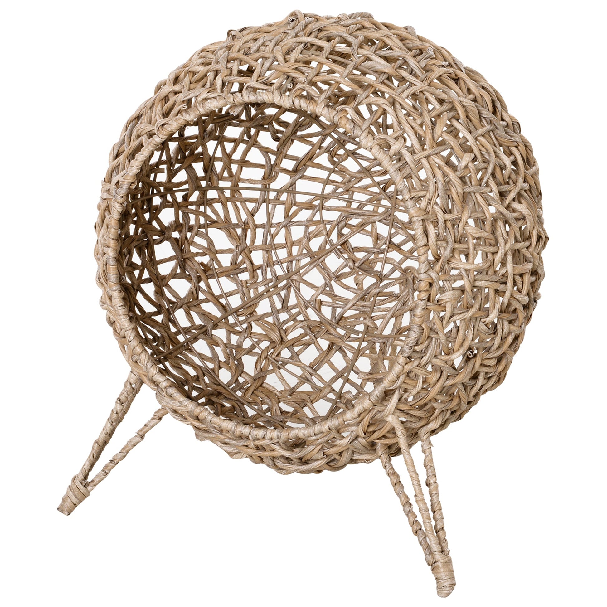 Wicker Cat House, Rattan Elevated Cat Bed with Three Tripod Legs, Ball-Shaped Cat Basket with Cushion - Natural Wood Finish