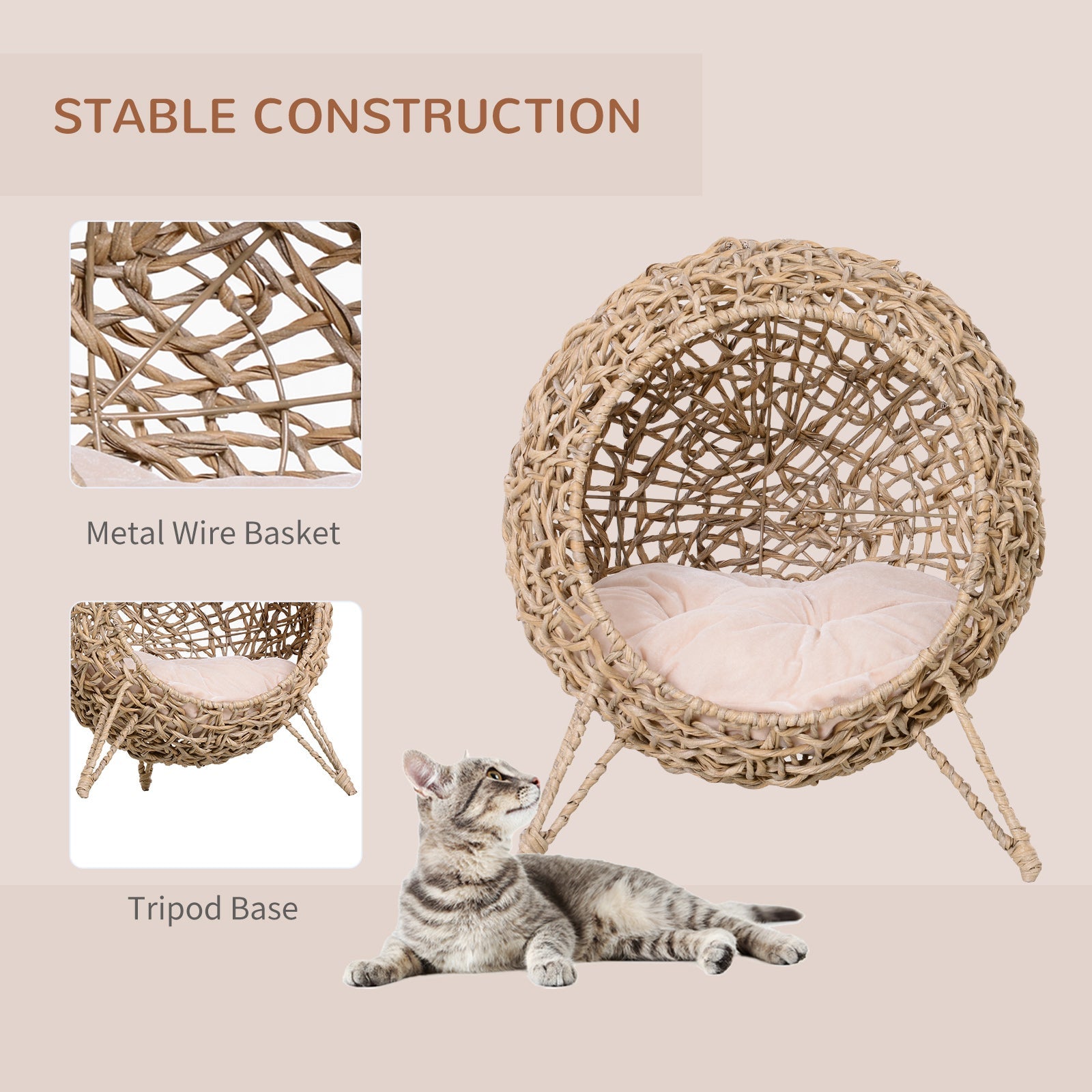 Wicker Cat House, Rattan Elevated Cat Bed with Three Tripod Legs, Ball-Shaped Cat Basket with Cushion - Natural Wood Finish