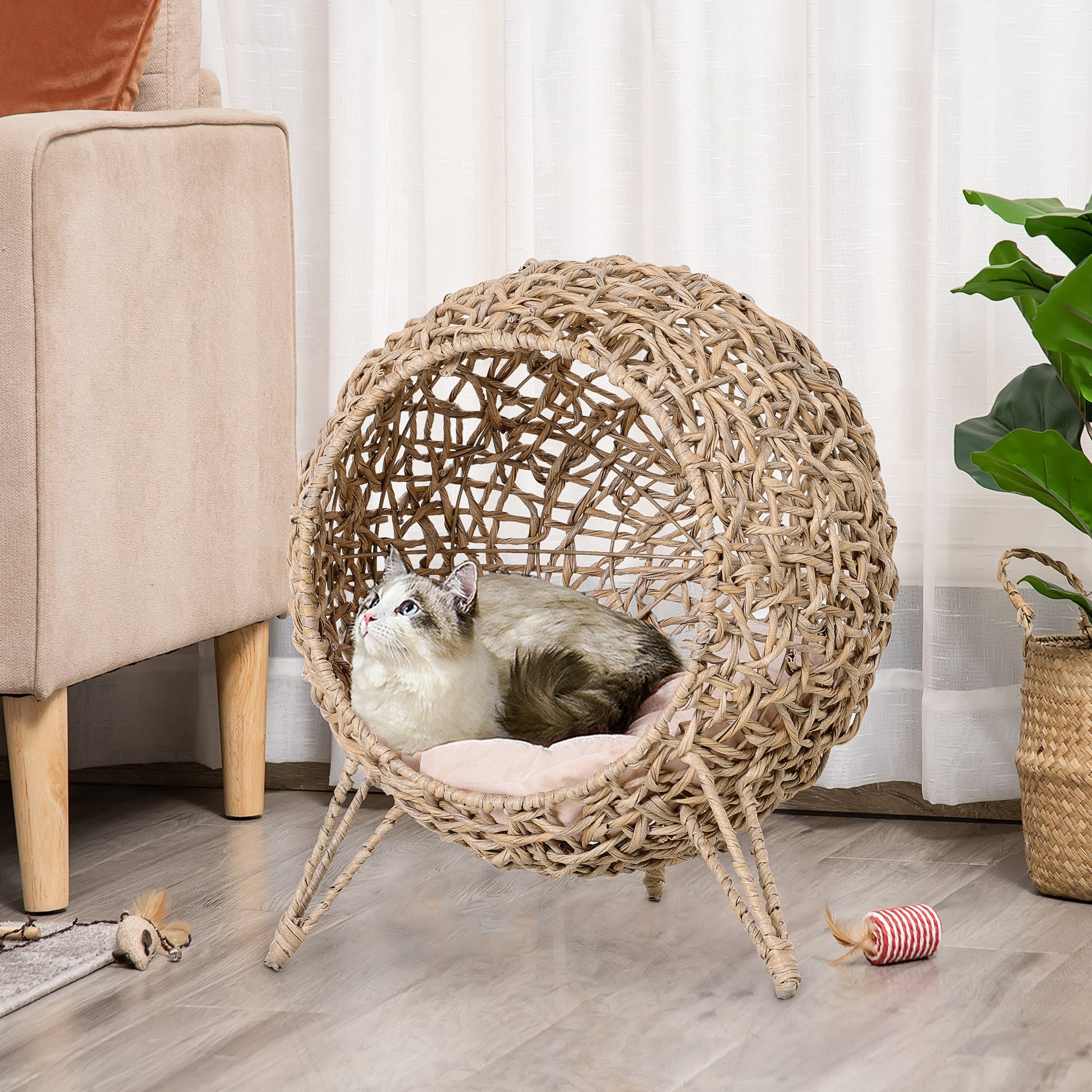 Wicker Cat House, Rattan Elevated Cat Bed with Three Tripod Legs, Ball-Shaped Cat Basket with Cushion - Natural Wood Finish