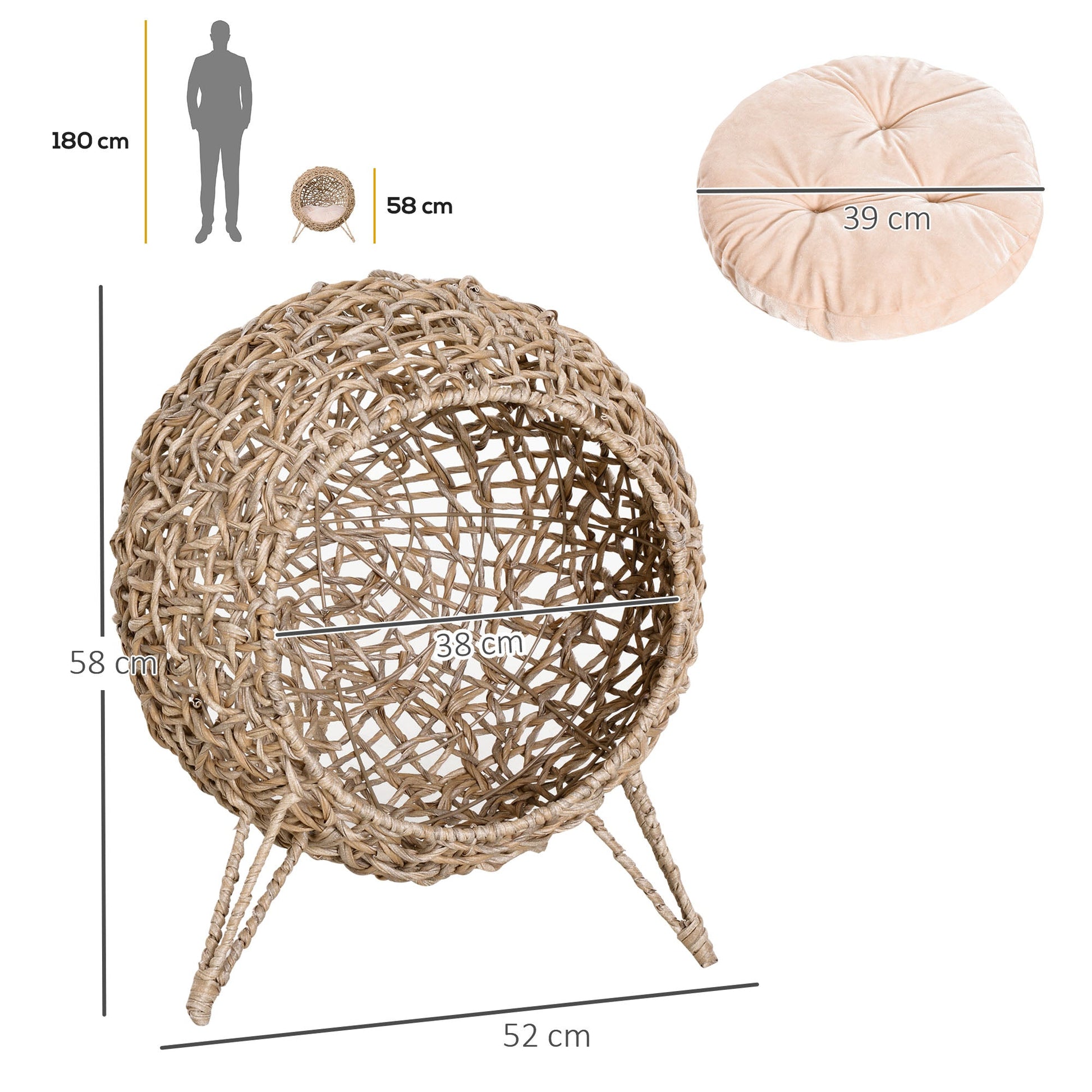 Wicker Cat House, Rattan Elevated Cat Bed with Three Tripod Legs, Ball-Shaped Cat Basket with Cushion - Natural Wood Finish