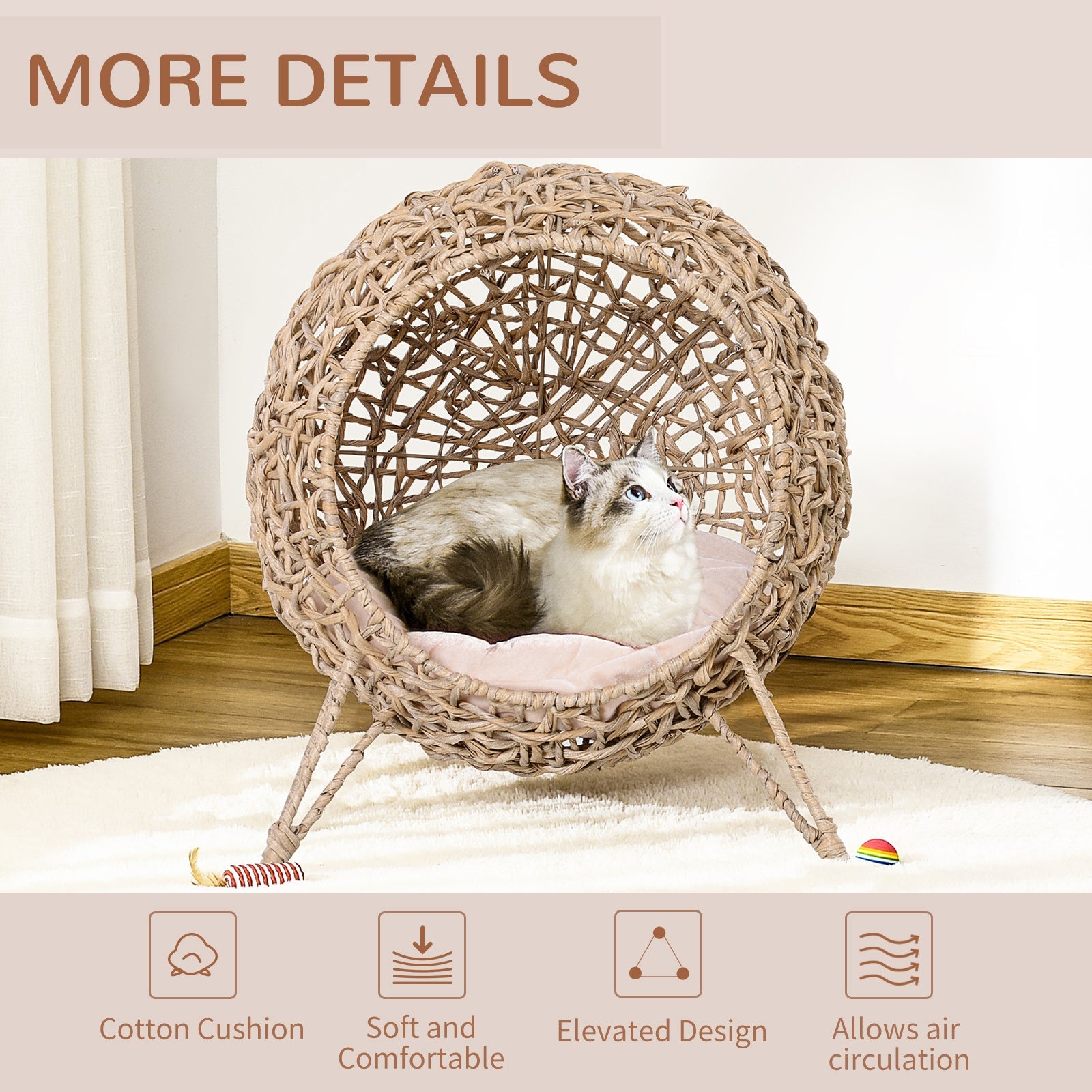 Wicker Cat House, Rattan Elevated Cat Bed with Three Tripod Legs, Ball-Shaped Cat Basket with Cushion - Natural Wood Finish