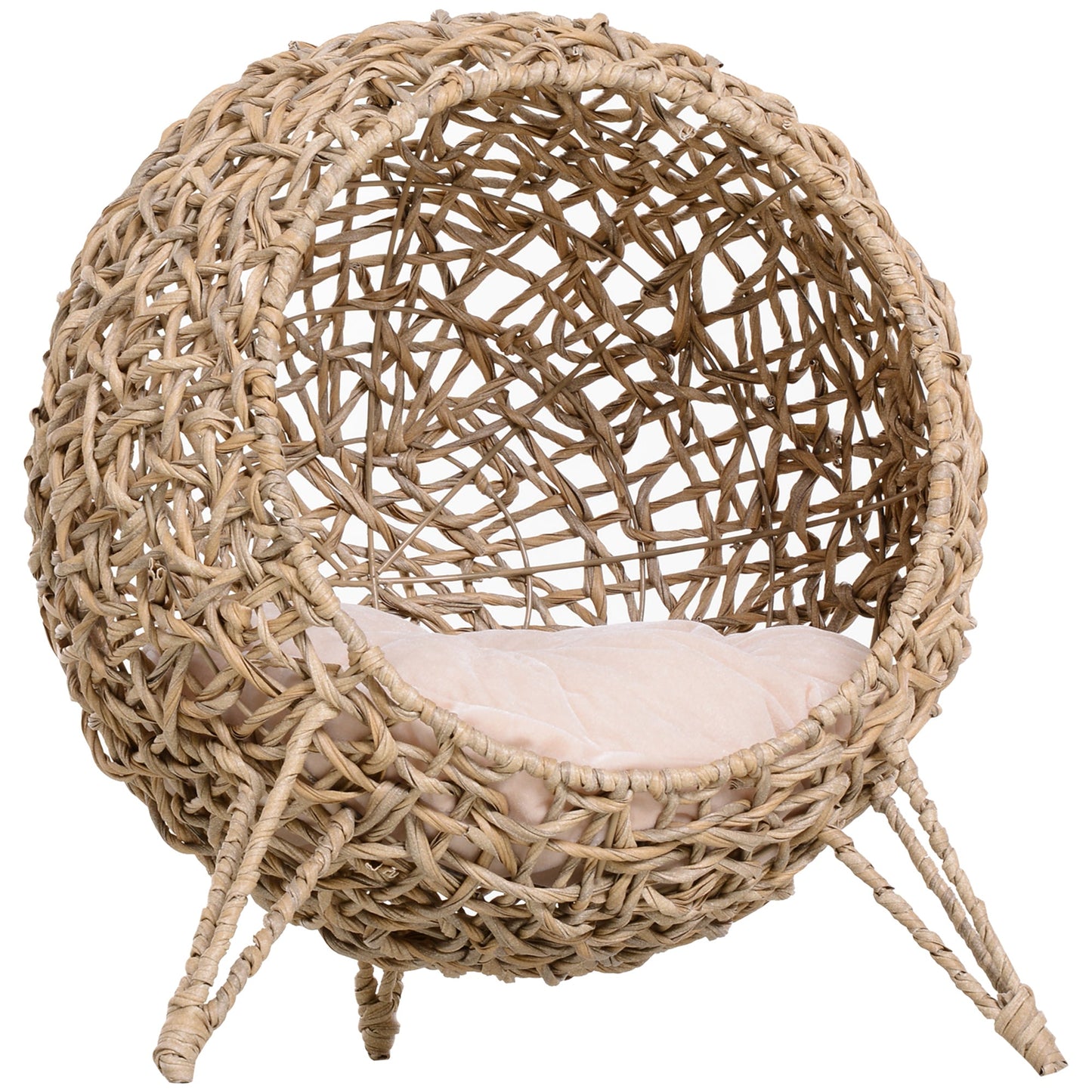 Wicker Cat House, Rattan Elevated Cat Bed with Three Tripod Legs, Ball-Shaped Cat Basket with Cushion - Natural Wood Finish