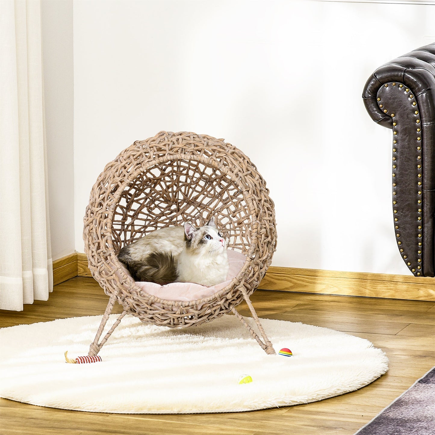 Wicker Cat House, Rattan Elevated Cat Bed with Three Tripod Legs, Ball-Shaped Cat Basket with Cushion - Natural Wood Finish