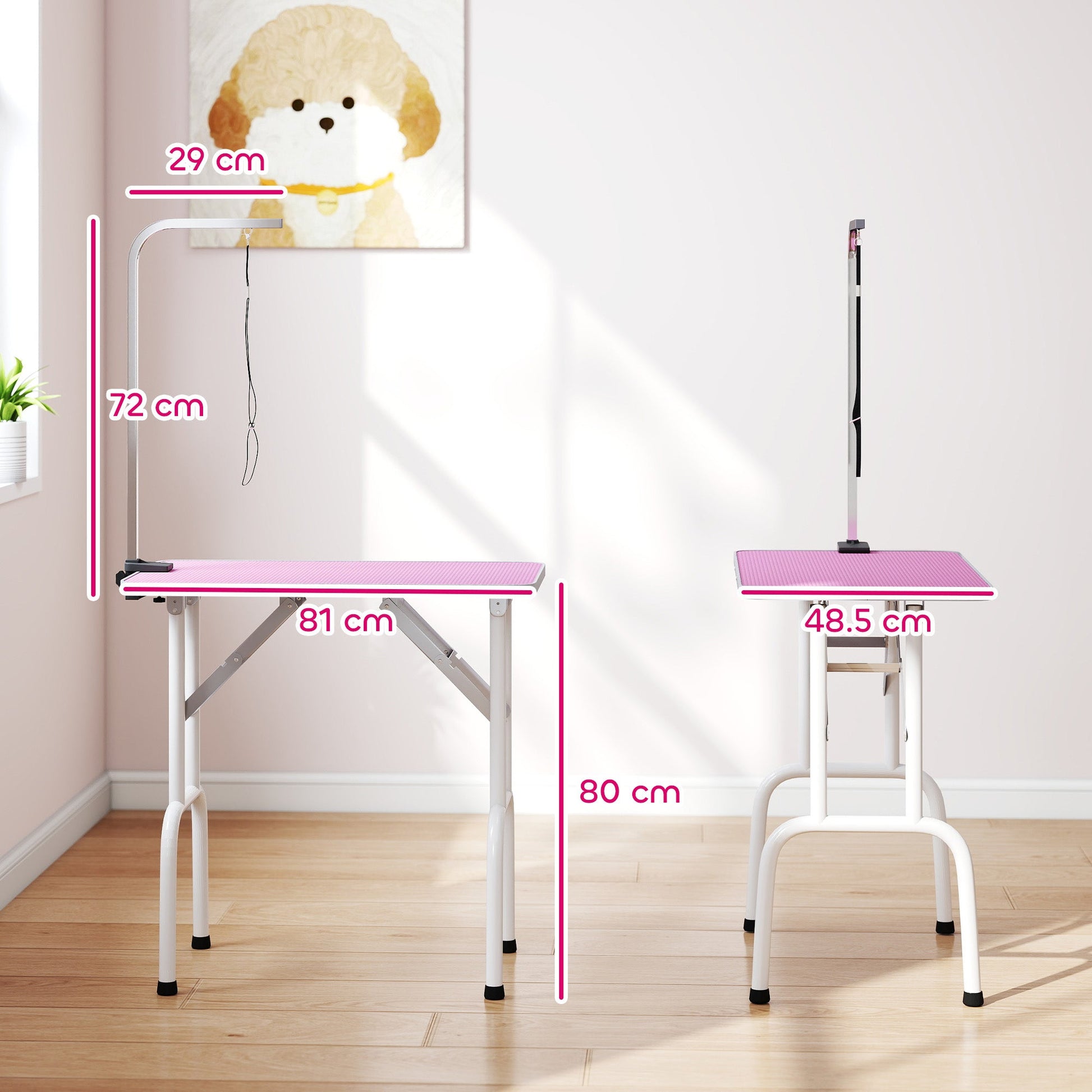 Foldable Dog Grooming Table, 32" Portable Pet Grooming Table with Height Adjustable Arm and Anti-Slip Rubber Top for Small Medium Dogs and Cats, Pink