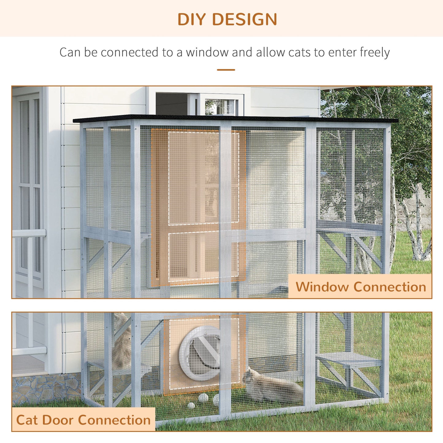 Large Outdoor Cat House, Walk-in Cat Enclosure, Wooden Catio with 6 Jumping Platforms, Waterproof Asphalt Roof