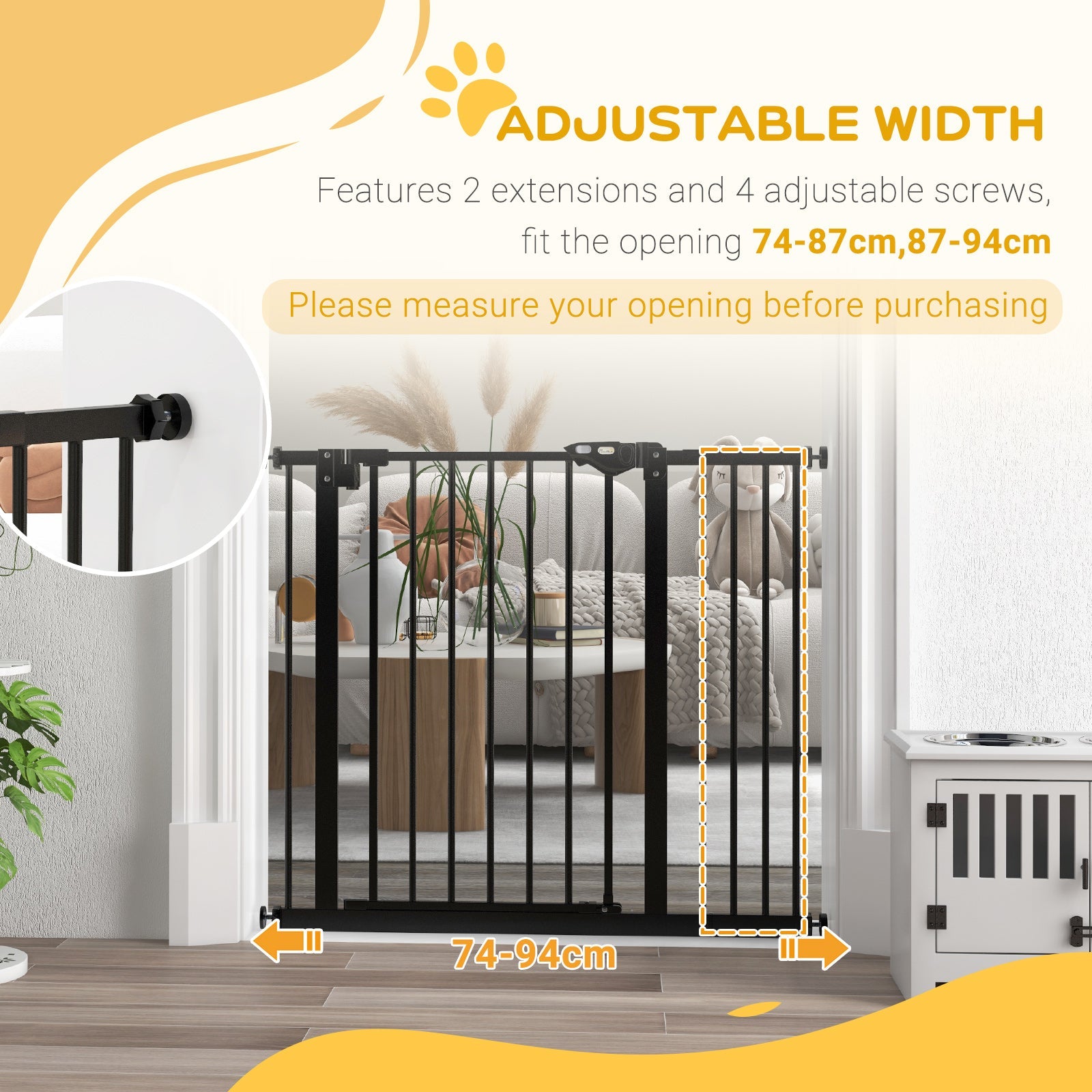 Dog Gate Stair Gate Pressure Fit Pets Barrier Auto Close for Doorway Hallway, 74-94cm Wide Adjustable, Black