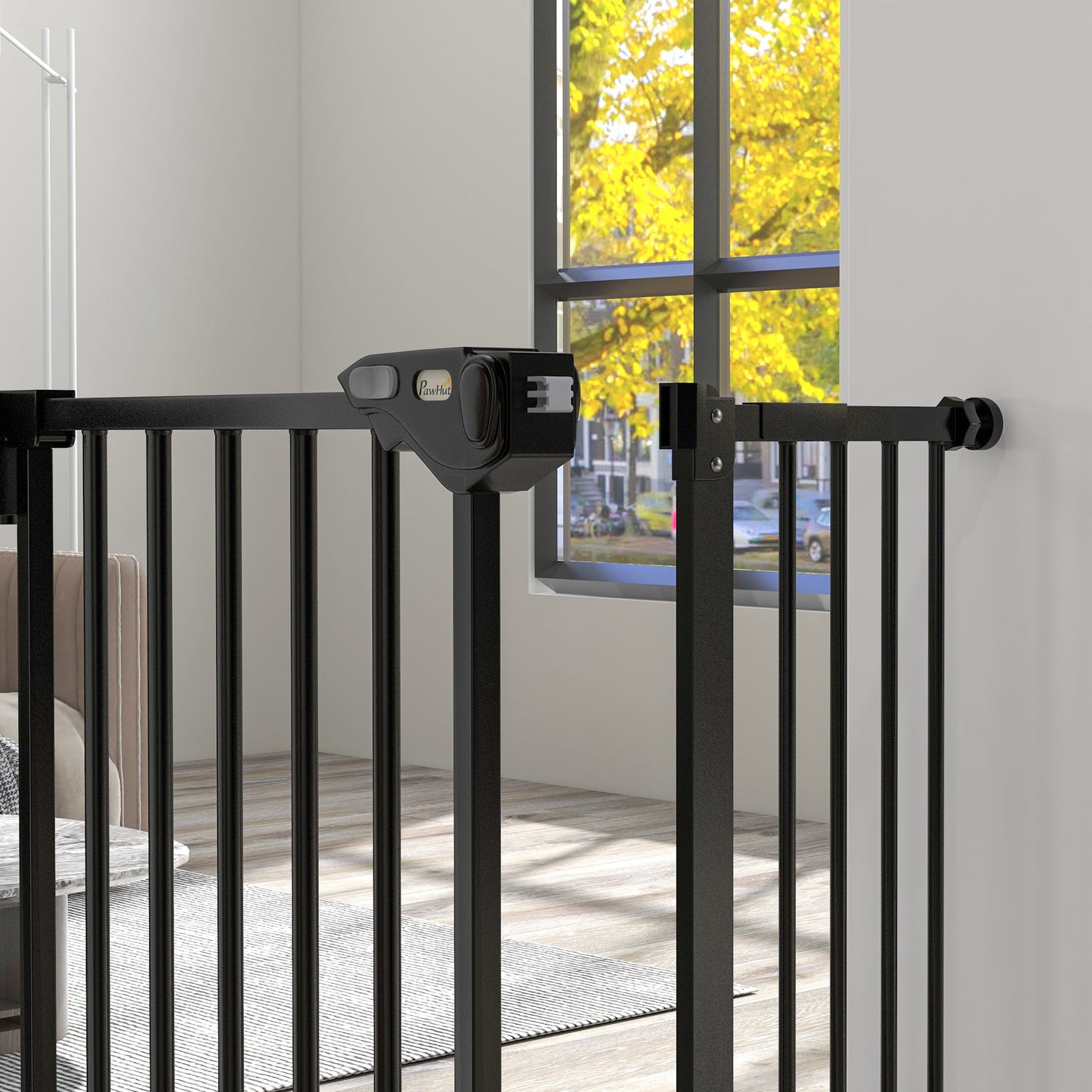 Dog Gate Stair Gate Pressure Fit Pets Barrier Auto Close for Doorway Hallway, 74-94cm Wide Adjustable, Black