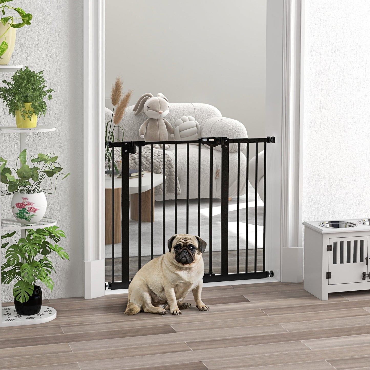 Dog Gate Stair Gate Pressure Fit Pets Barrier Auto Close for Doorway Hallway, 74-94cm Wide Adjustable, Black