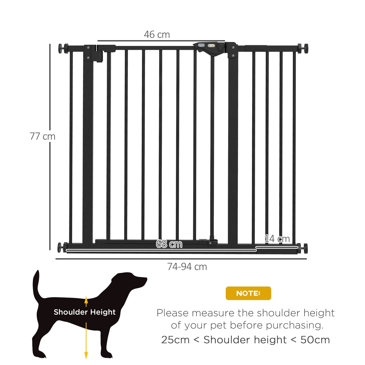 Dog Gate Stair Gate Pressure Fit Pets Barrier Auto Close for Doorway Hallway, 74-94cm Wide Adjustable, Black