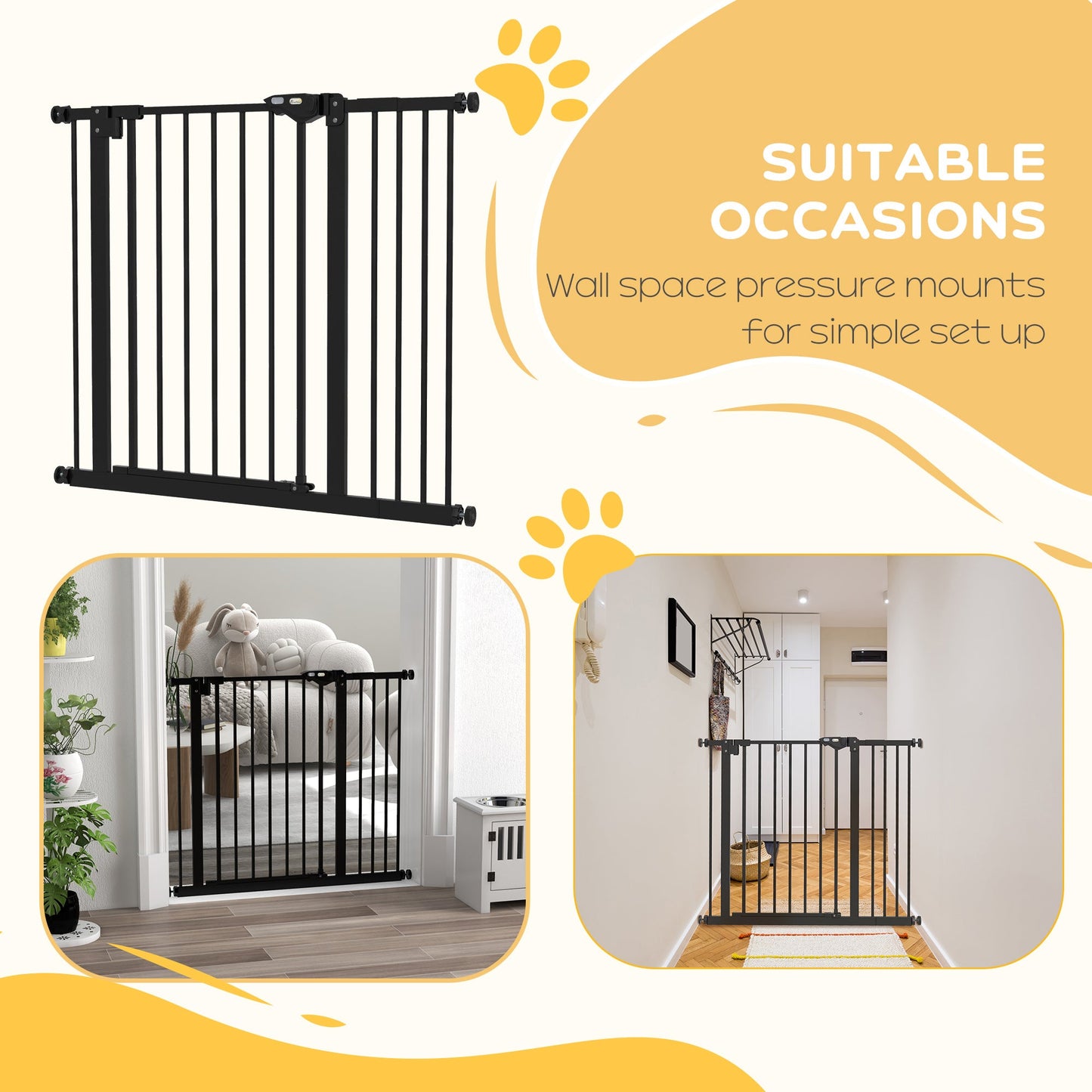 Dog Gate Stair Gate Pressure Fit Pets Barrier Auto Close for Doorway Hallway, 74-94cm Wide Adjustable, Black