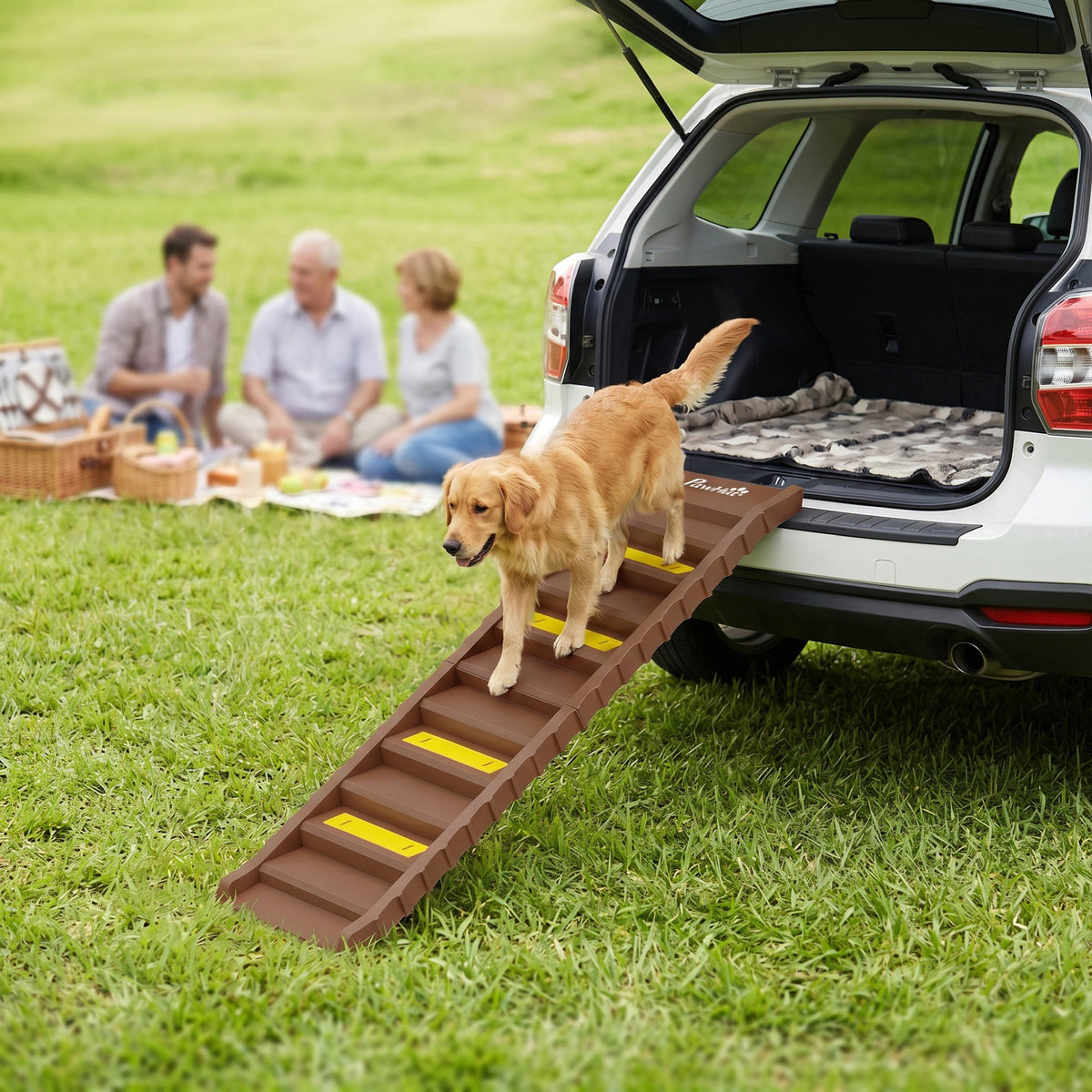 Foldable Dog Ramp for Cars High Bed, Portable 10-Step Dog Stairs with Non-Slip Strips & Pads, Lightweight Pet SUV Truck Steps, Support Up to 68 KG, Brown