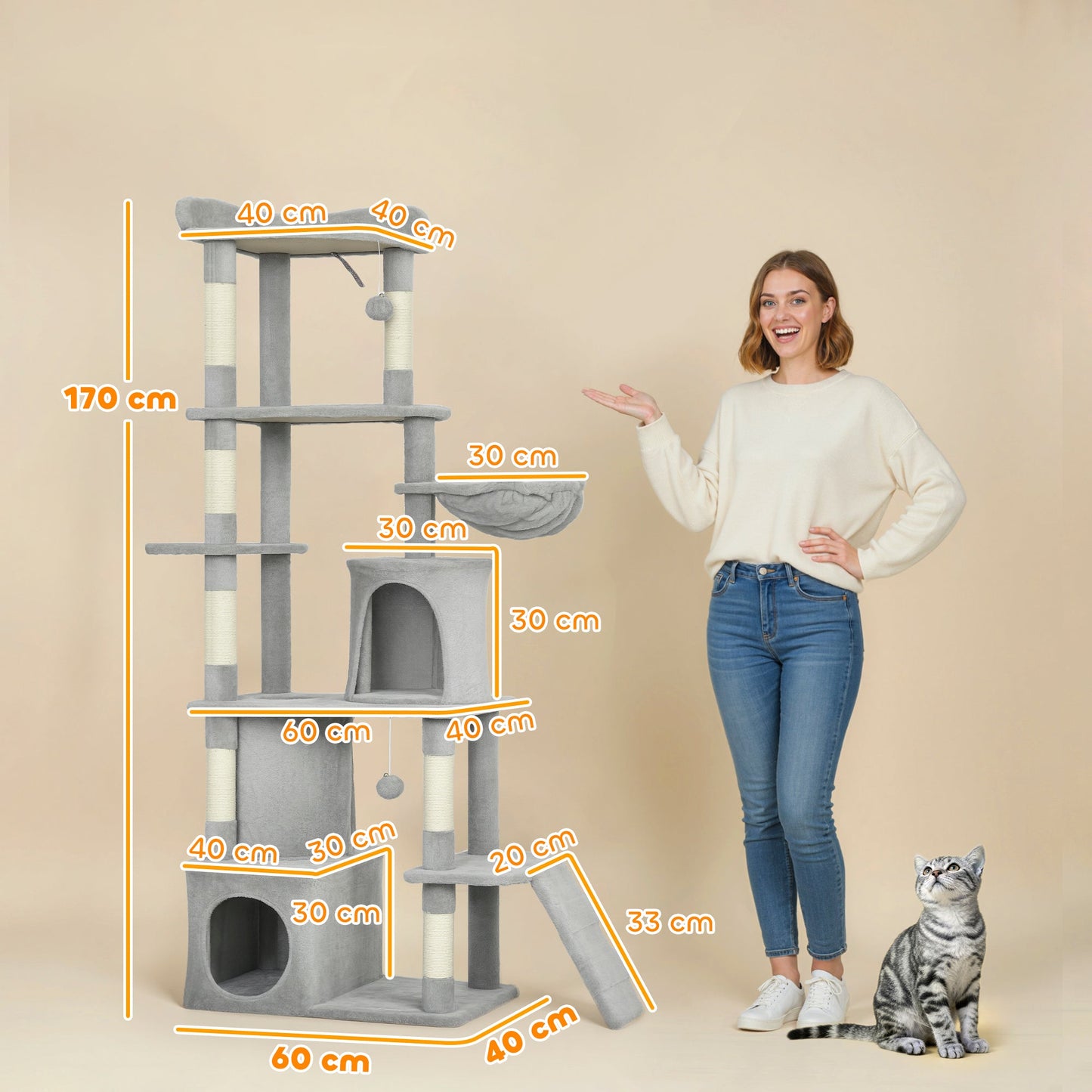 Cat Tree, 170 cm Large Cat Tower with 7 Scratching Posts, 1 Tunnel, 2 Condos, 1 Hammock, 1 Perch, 1 Ramp, 3 Platforms, 2 Pompoms, Multi-Level Kitty House for Indoor Kittens, Light Grey