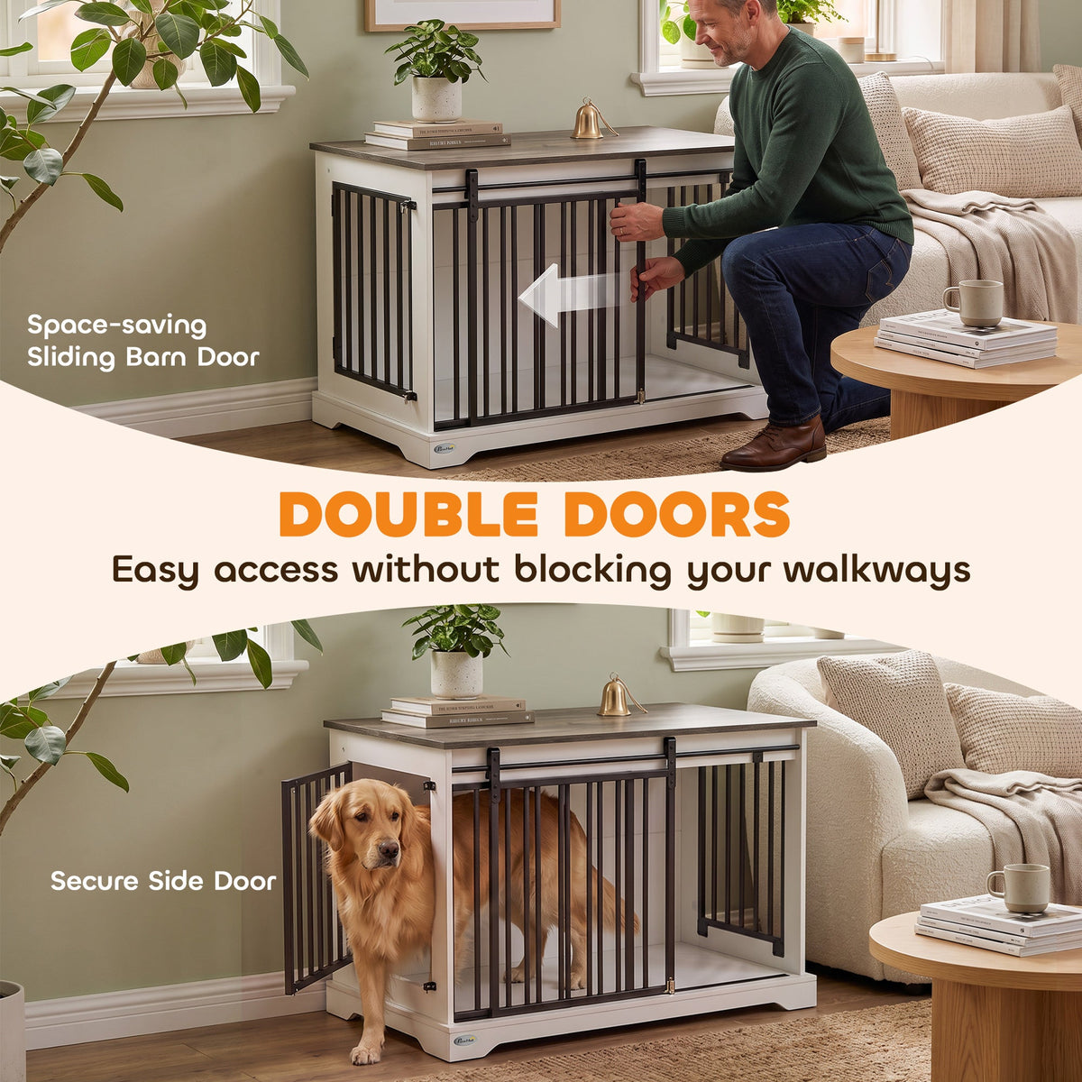 Dog Crate Furniture, 100 cm Large Double Door Wooden Dog Crate with Sliding Barn Door, Indoor Kennel End Table for Large Breeds, Anti-Chew Steel Puppy Cage, White