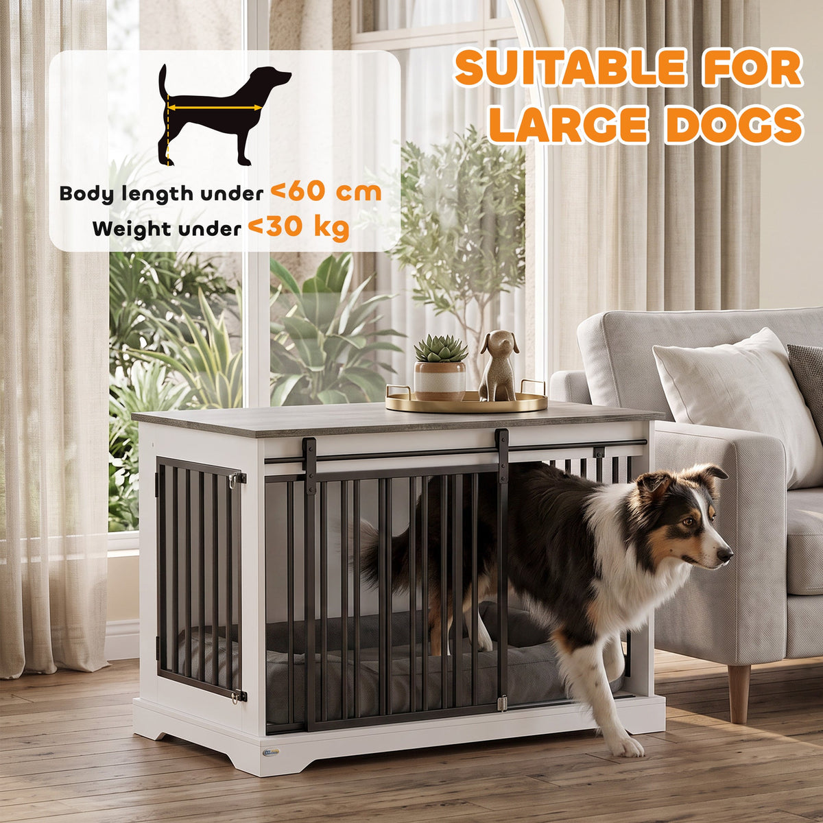 Dog Crate Furniture, 100 cm Large Double Door Wooden Dog Crate with Sliding Barn Door, Indoor Kennel End Table for Large Breeds, Anti-Chew Steel Puppy Cage, White