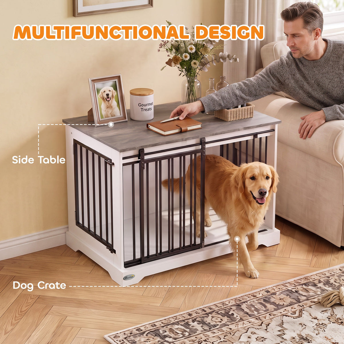 Dog Crate Furniture, 100 cm Large Double Door Wooden Dog Crate with Sliding Barn Door, Indoor Kennel End Table for Large Breeds, Anti-Chew Steel Puppy Cage, White