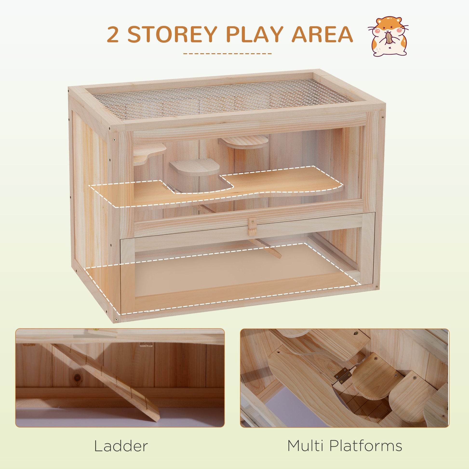 Wooden Hamster Cage Mouse Mice Rodent Small Animals Hutch Exercise Play House 60 x 35 x 42cm, Natural Wood Finish
