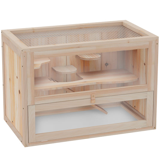 Wooden Hamster Cage Mouse Mice Rodent Small Animals Hutch Exercise Play House 60 x 35 x 42cm, Natural Wood Finish