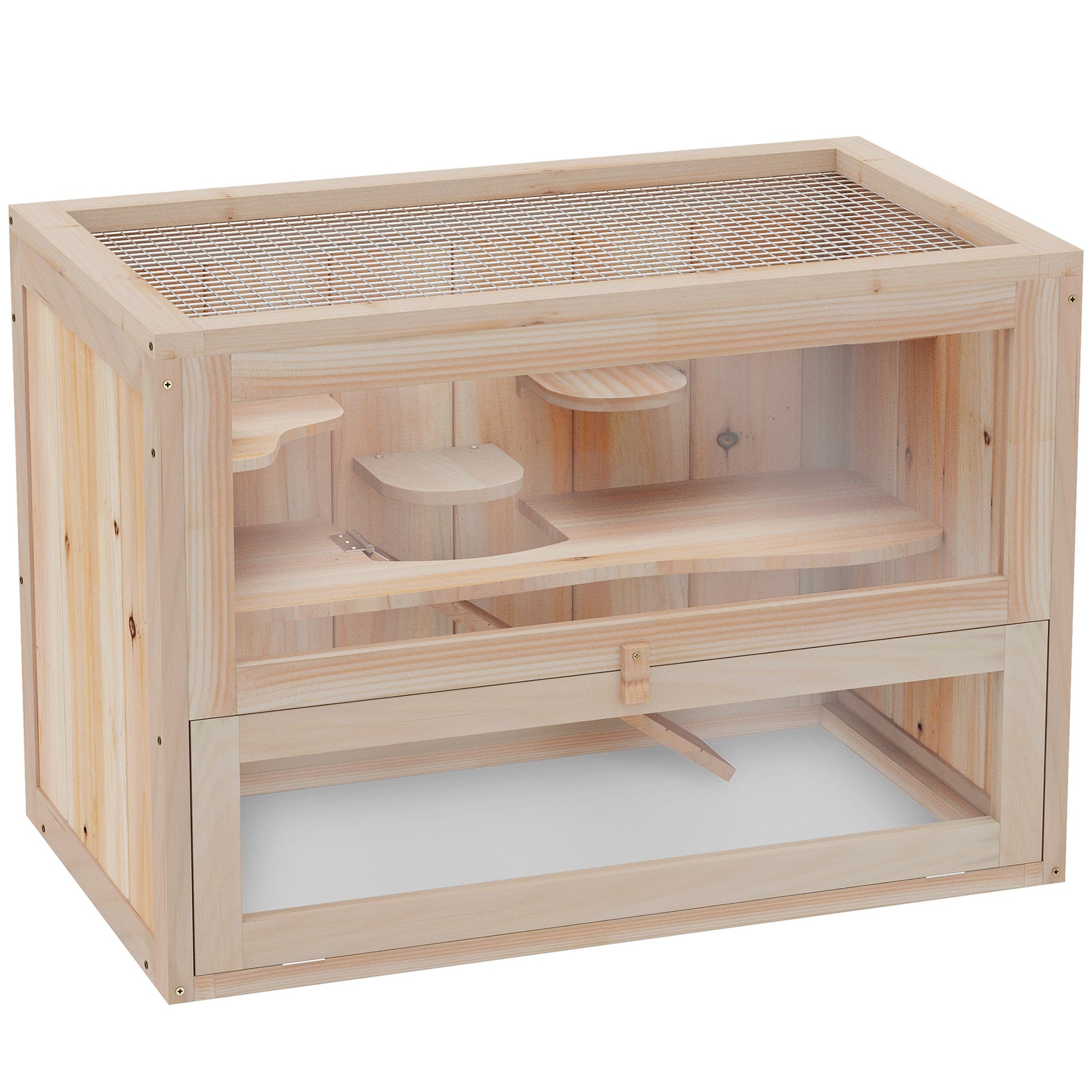 Wooden Hamster Cage Mouse Mice Rodent Small Animals Hutch Exercise Play House 60 x 35 x 42cm, Natural Wood Finish