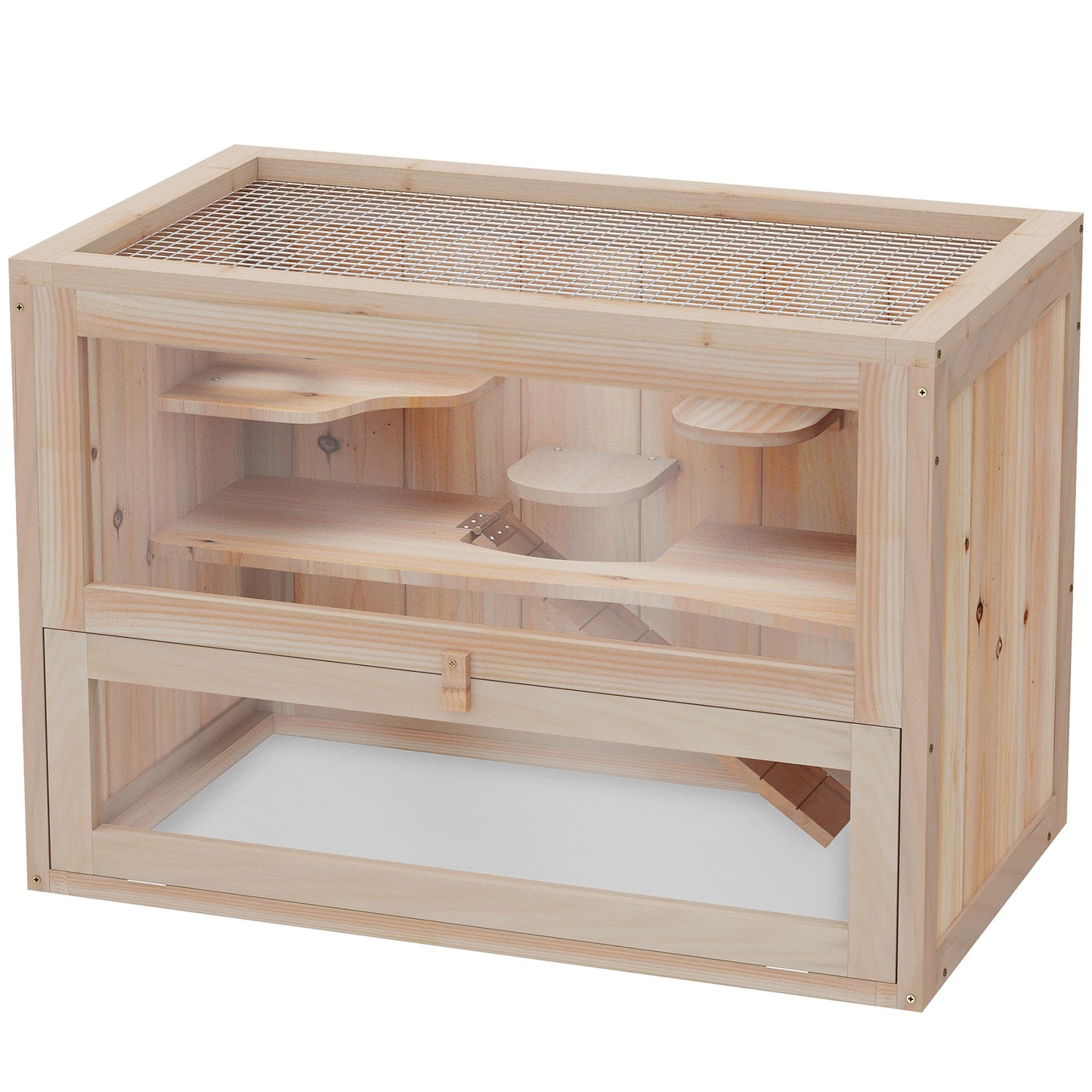 Wooden Hamster Cage Mouse Mice Rodent Small Animals Hutch Exercise Play House 60 x 35 x 42cm, Natural Wood Finish