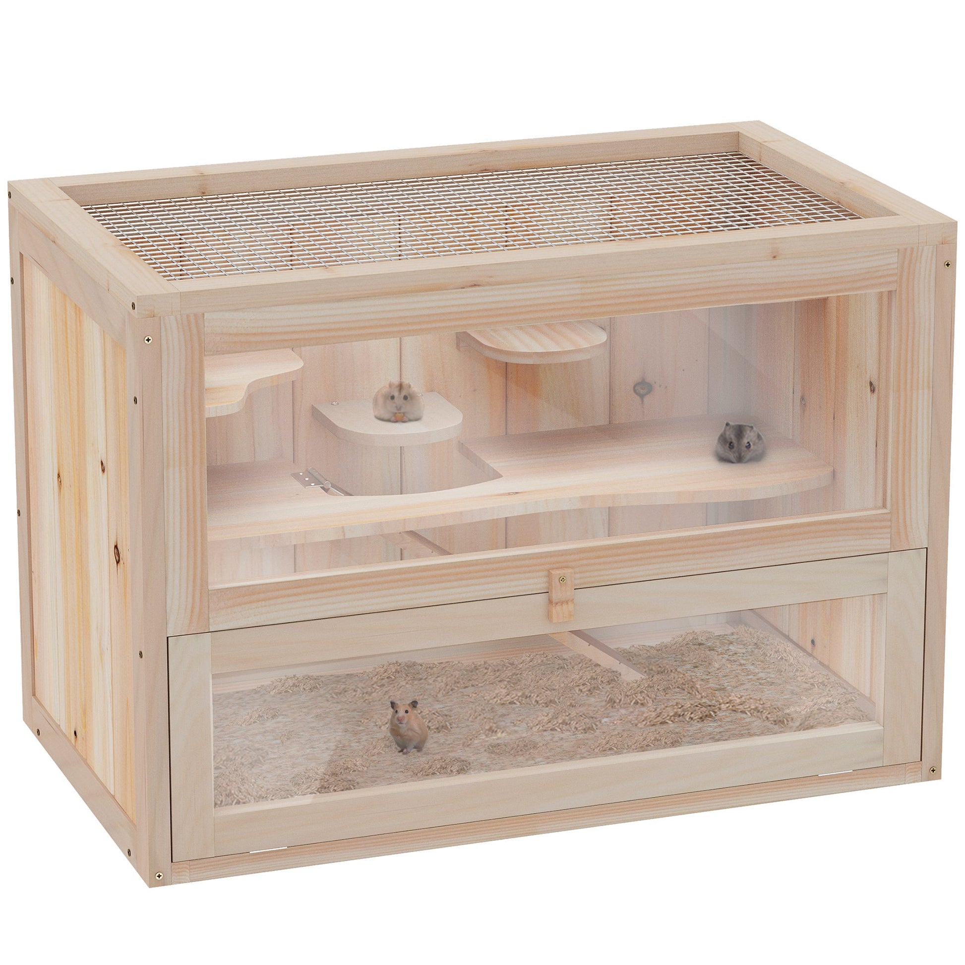 Wooden Hamster Cage Mouse Mice Rodent Small Animals Hutch Exercise Play House 60 x 35 x 42cm, Natural Wood Finish