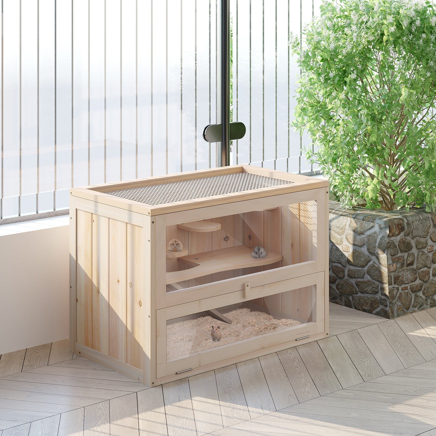 Wooden Hamster Cage Mouse Mice Rodent Small Animals Hutch Exercise Play House 60 x 35 x 42cm, Natural Wood Finish