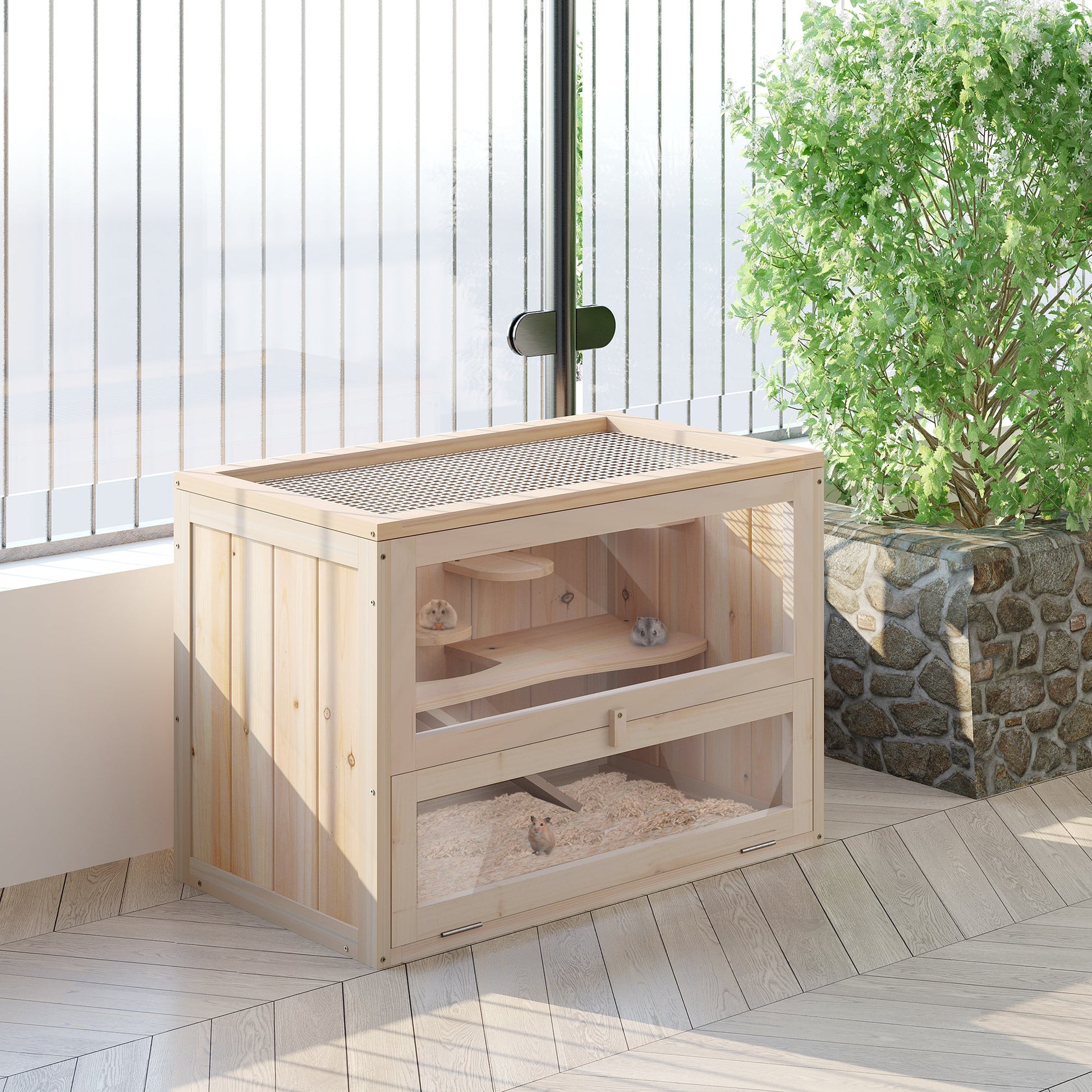 Wooden Hamster Cage Mouse Mice Rodent Small Animals Hutch Exercise Play House 60 x 35 x 42cm, Natural Wood Finish