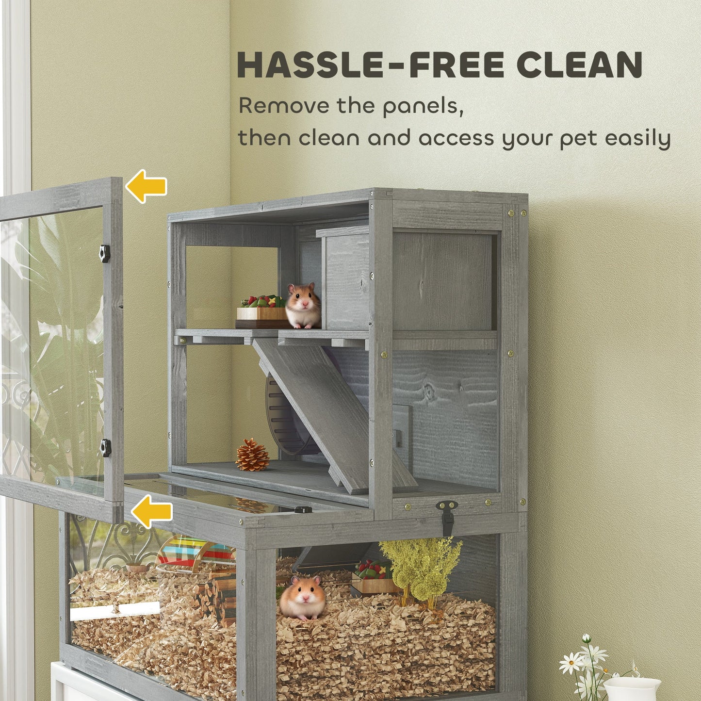 Wooden Hamster Cage, Large Gerbil Cage with Hut, Wheel, Ramps, 3 Tier Small Animal Habitat with Removable Viewing Panels, 80 x 50 x 84 cm, Grey